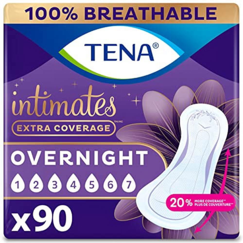 TENA Intimates Overnight Absorbency Incontinence/Bladder Control Pad with Lie Down Protection for Women, 90 Count (2 Packs of 45) Tena