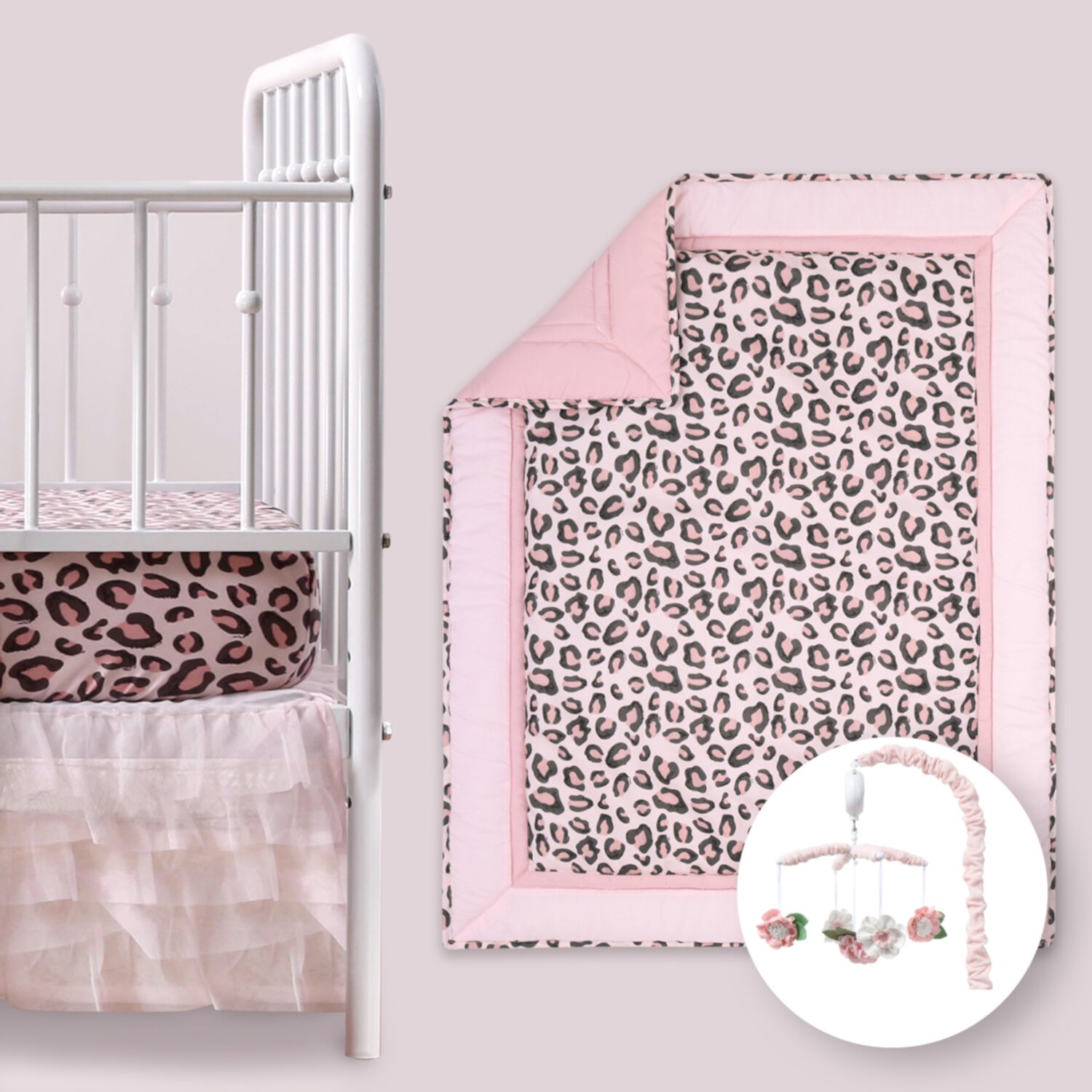 The Peanutshell Leopard Blush 4 Piece Baby Nursery Crib Bedding Set, Quilt, Crib Sheets, Crib Skirt, and Mobile The Peanutshell