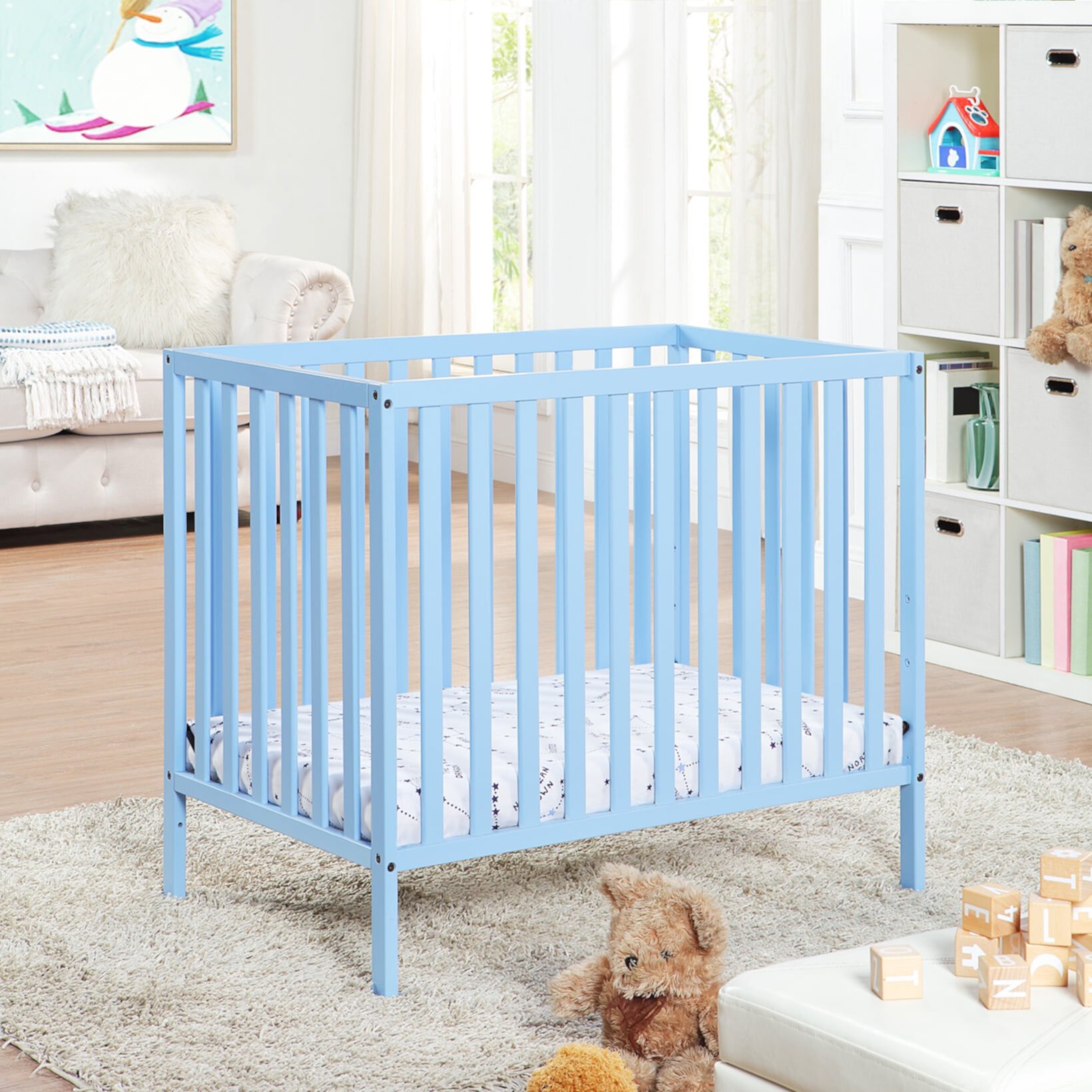 3-in-1 Convertible Crib with Mattress Pad for Baby, Soild Wood Mini Crib with Full-Length Guardrail Pad for Bedroom, Baby Blue Triple Tree