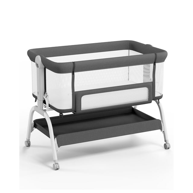 Babyomi 3 in 1 Baby Bassinet, Rocking Bassinet with Storage Basket and Wheels, Adjustable Height Bassinet Bedside Sleeper, Easy Folding Portable Crib for Newborn Black Babyomi