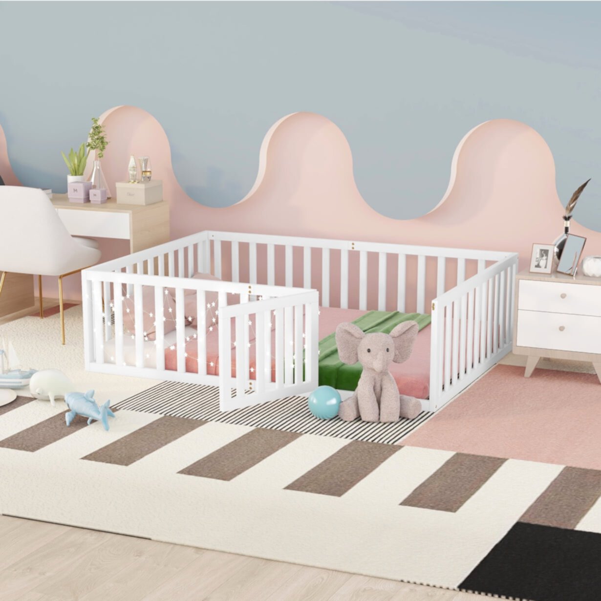 Full Size Montessori Wood Playpen Floor Bed Frame with Safe Fence and Door for Toddles Baby Kids Girls Boys, No Box Spring Needed, White Triple Tree