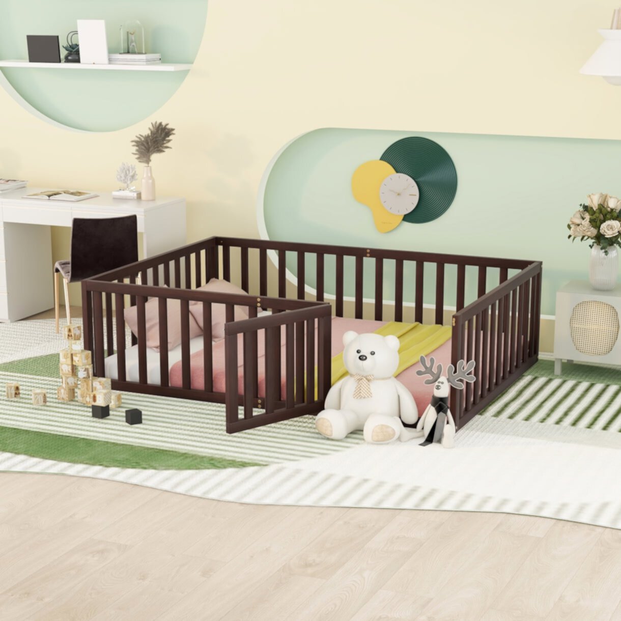 Twin Size Montessori Wood Playpen Floor Bed Frame with Safe Fence and Door for Toddles Baby Kids Girls Boys, No Box Spring Needed, Gray Triple Tree