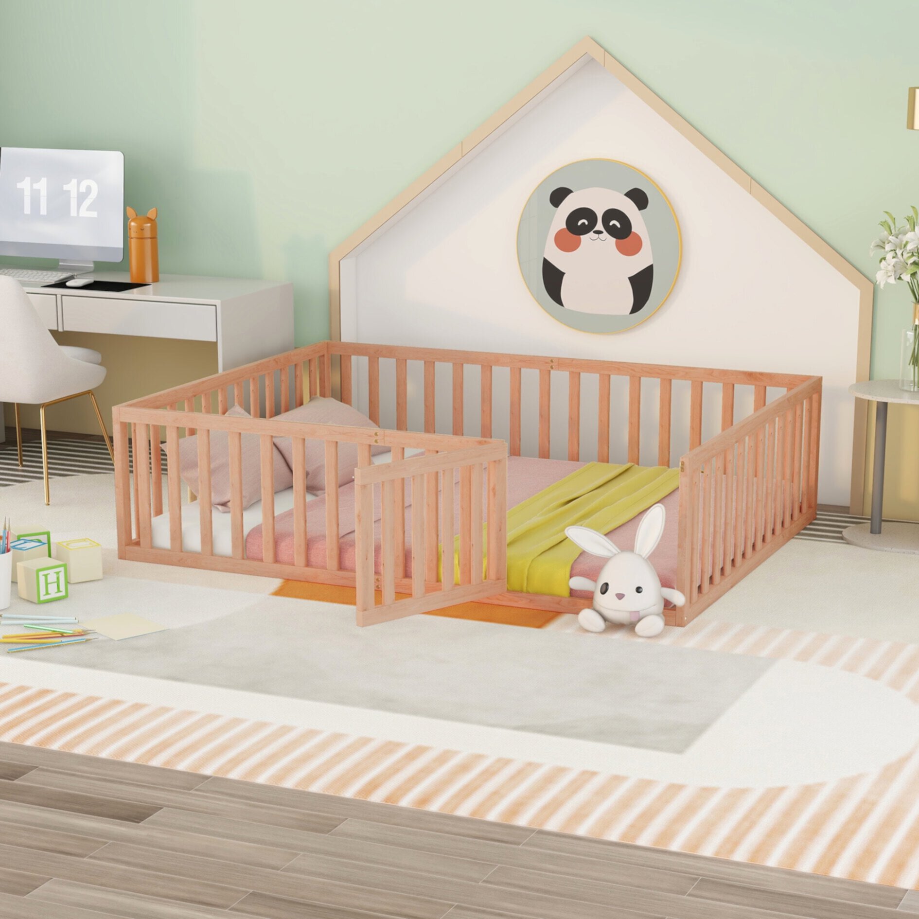 Twin Size Montessori Wood Playpen Floor Bed Frame with Safe Fence and Door for Toddles Baby Kids Girls Boys, No Box Spring Needed, Gray Triple Tree