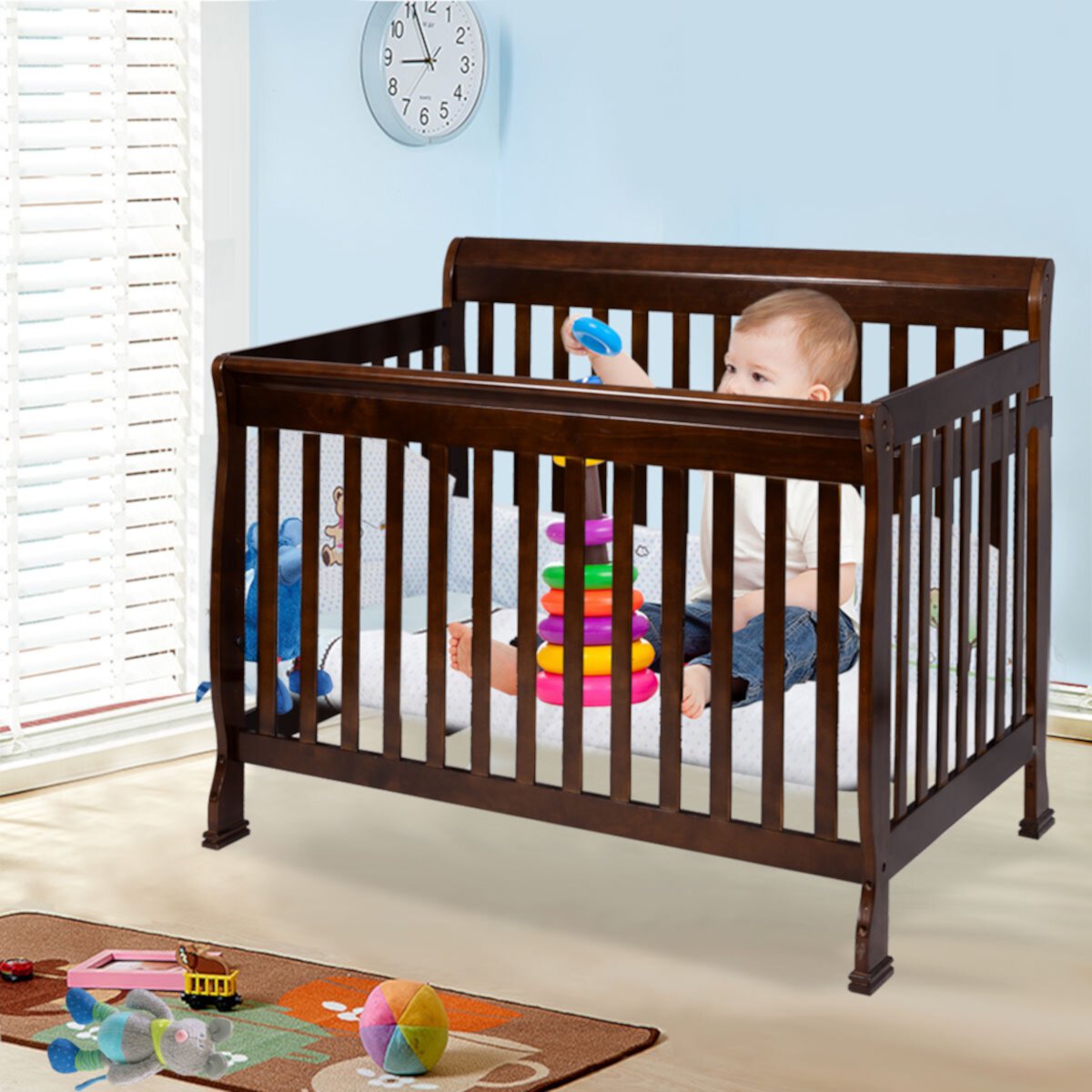 Costway Coffee Pine Wood Baby Toddler Bed Convertible Crib Nursery Furniture Children Costway