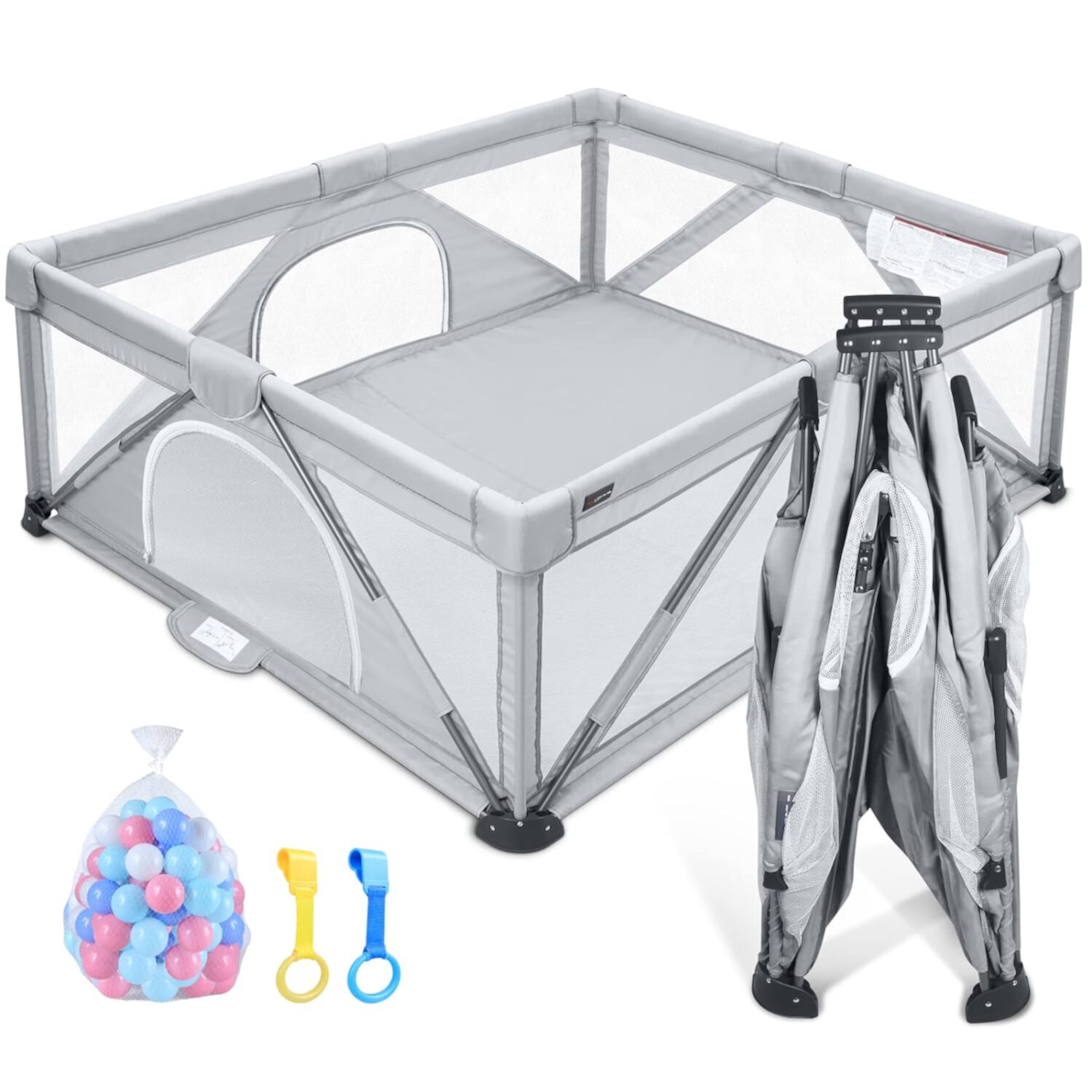 Angelbliss Foldable Baby Playpen for Toddlers, Indoor & Outdoor Activity Center, Portable Play Yard with 2 Handlers+50 Balls (71"×59",Grey) ANGELBLISS