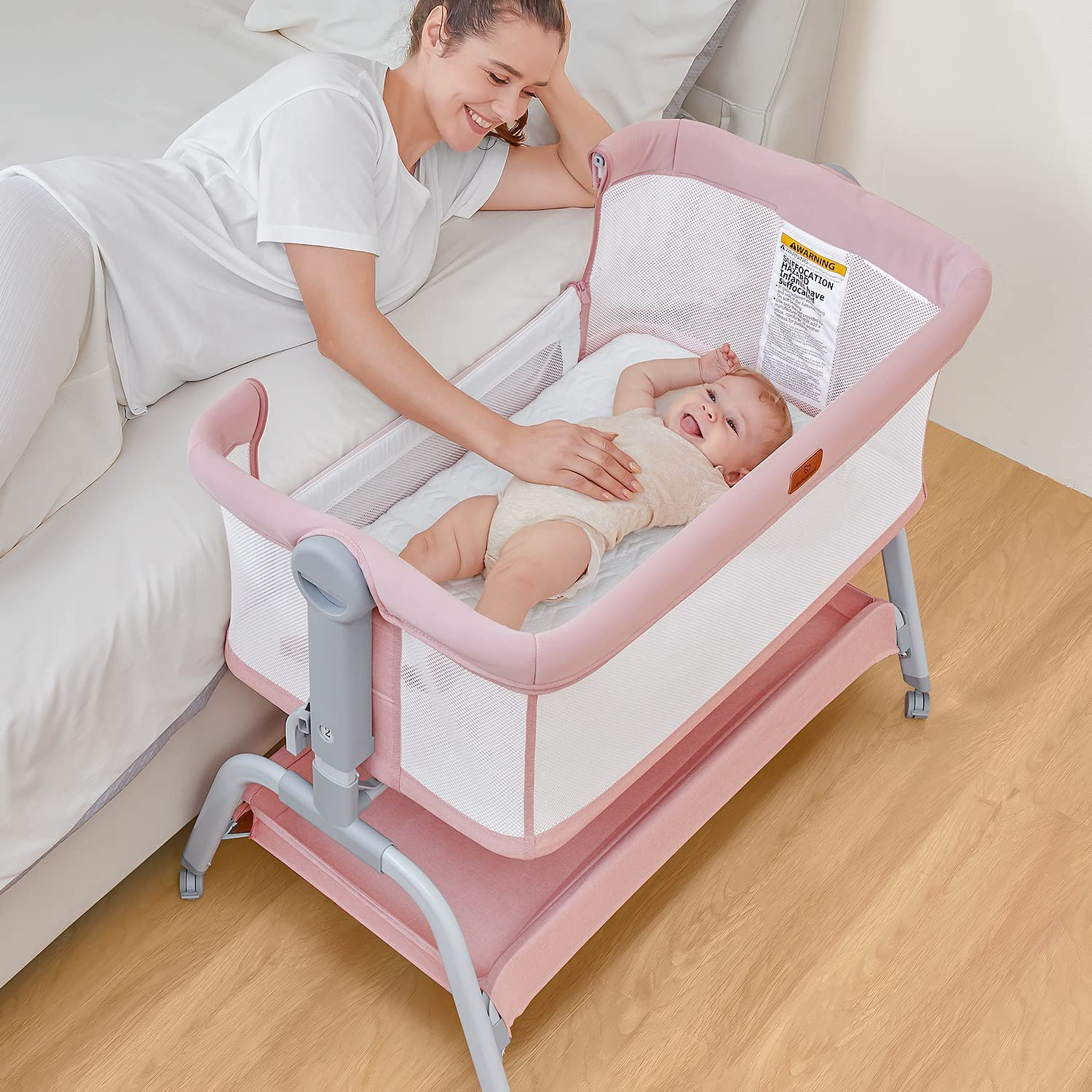 BabyBond Baby Bassinet, 3 in 1 Bassinet Bedside Sleeper with Washable Soft Mattress and Sheet, 6 Height Adjustable Easy Folding Bedside Crib, 4-Sided Mesh Bedside Bassinet for Baby,Pink BabyBond