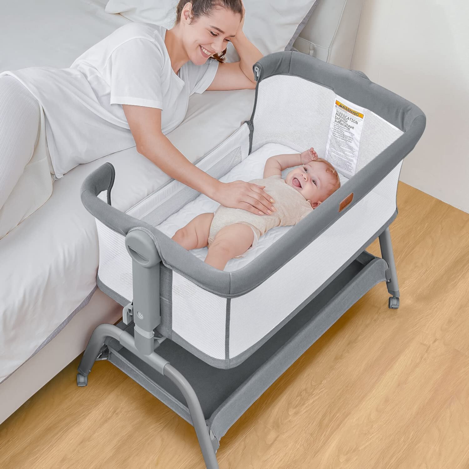 BabyBond Baby Bassinet, 3 in 1 Bassinet Bedside Sleeper with Washable Soft Mattress and Sheet, 6 Height Adjustable Easy Folding Bedside Crib, 4-Sided Mesh Bedside Bassinet for Baby,Gray BabyBond