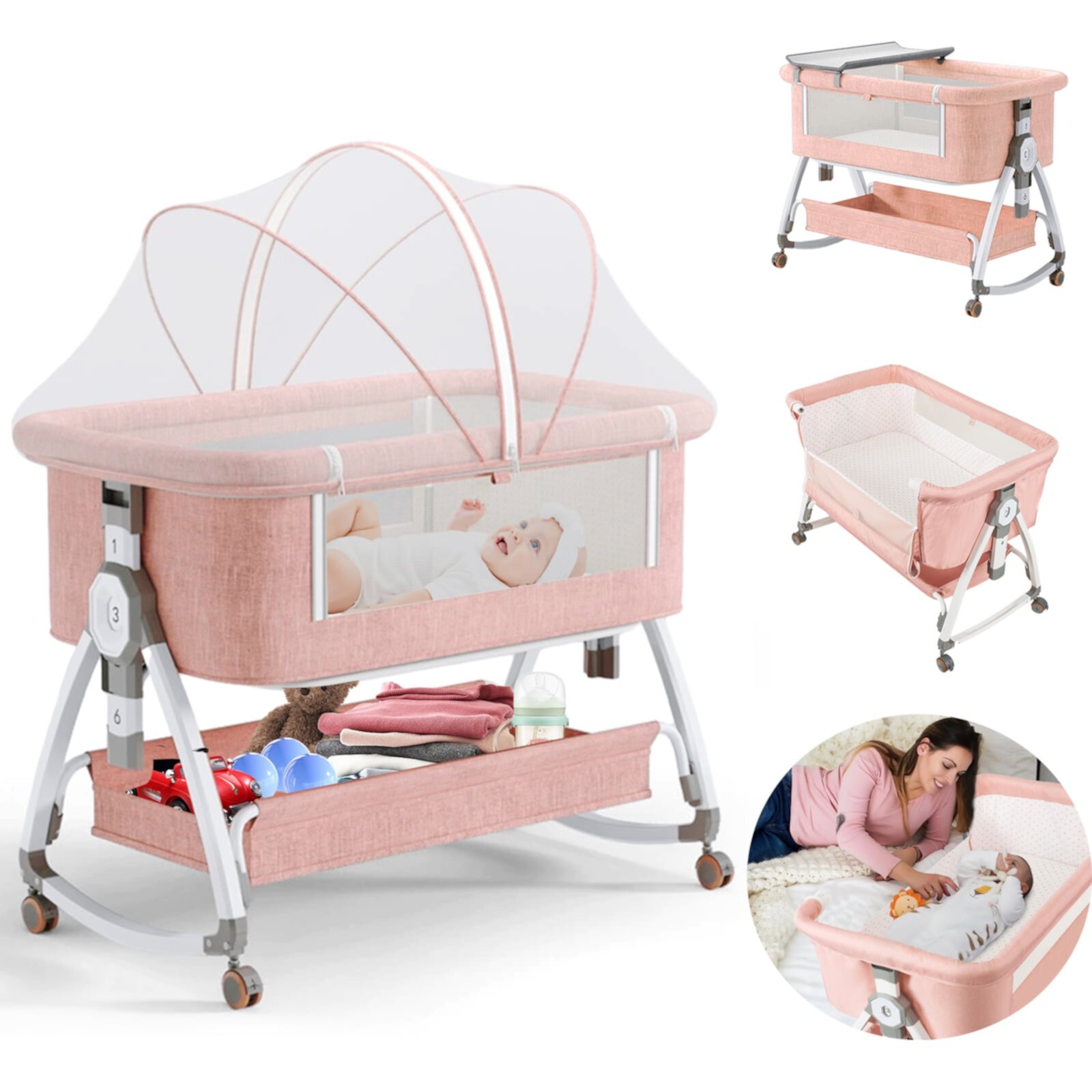 5-in-1 Folding Baby Bassinet, 6-Height-Adjustable Crib with Lockable Wheels,Changing Table(Pink) RICHYOUNG