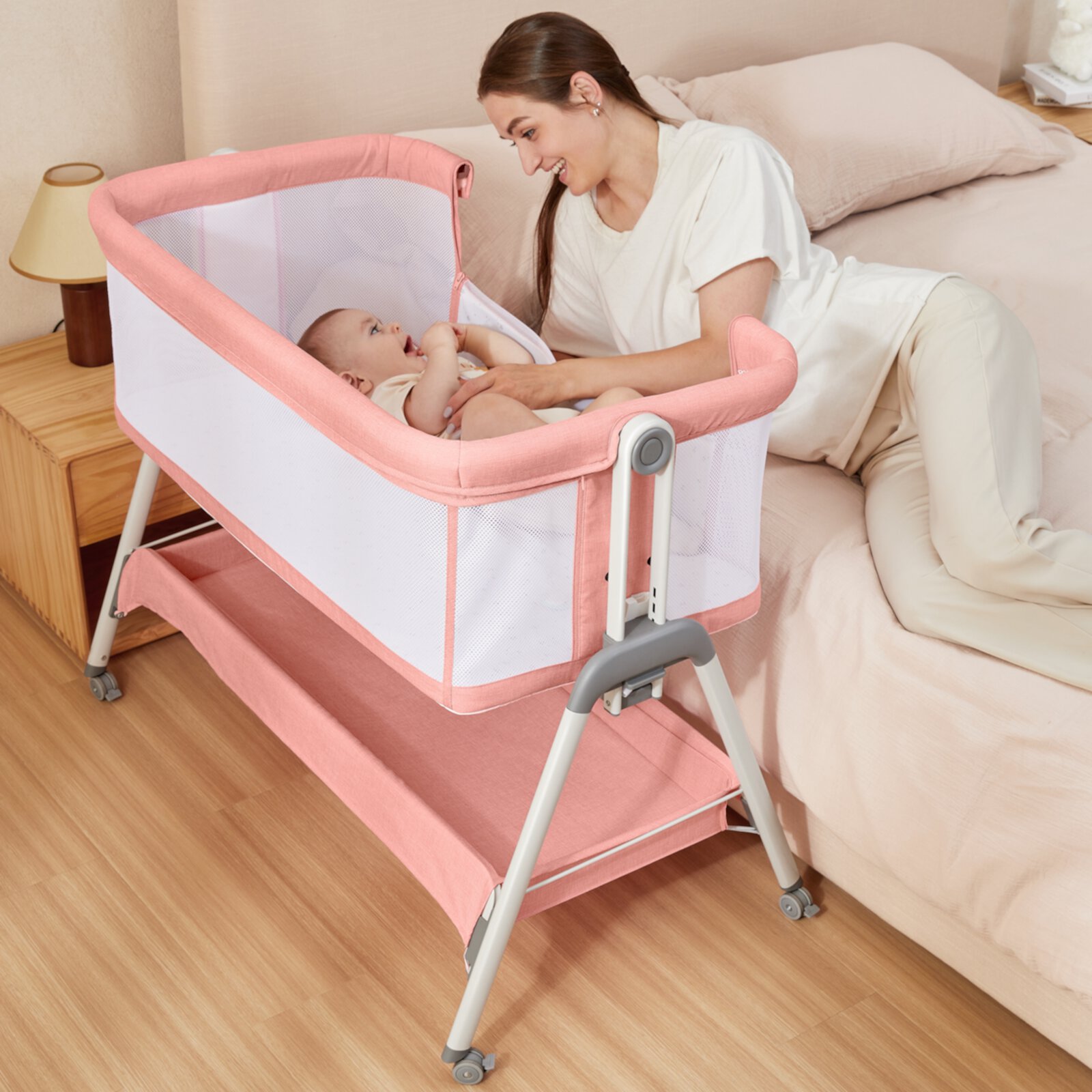 ANGELBLISS Bedside Sleeper with Storage Basket, Easy Folding Portable Bassinet with Wheels, Adjustable Height, Included Breathable Mesh, Cozy Mattress(Pink) ANGELBLISS