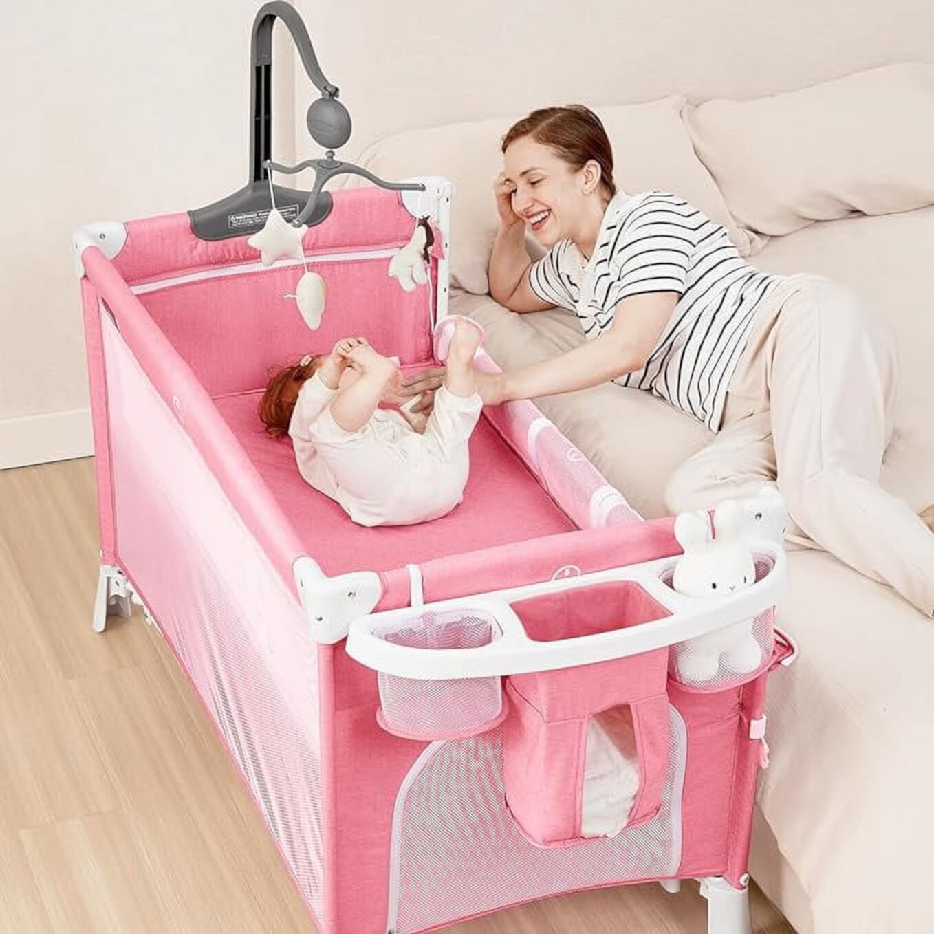 ANGELBLISS 5 in 1 Baby Bassinet Bedside Crib, Rocking Bassinet with Diaper Changer, Pack and Play Bassinet, Folding Playpen Portable Playard with Hanging Toys, Sheet& Mattress-Pink (Pink) ANGELBLISS