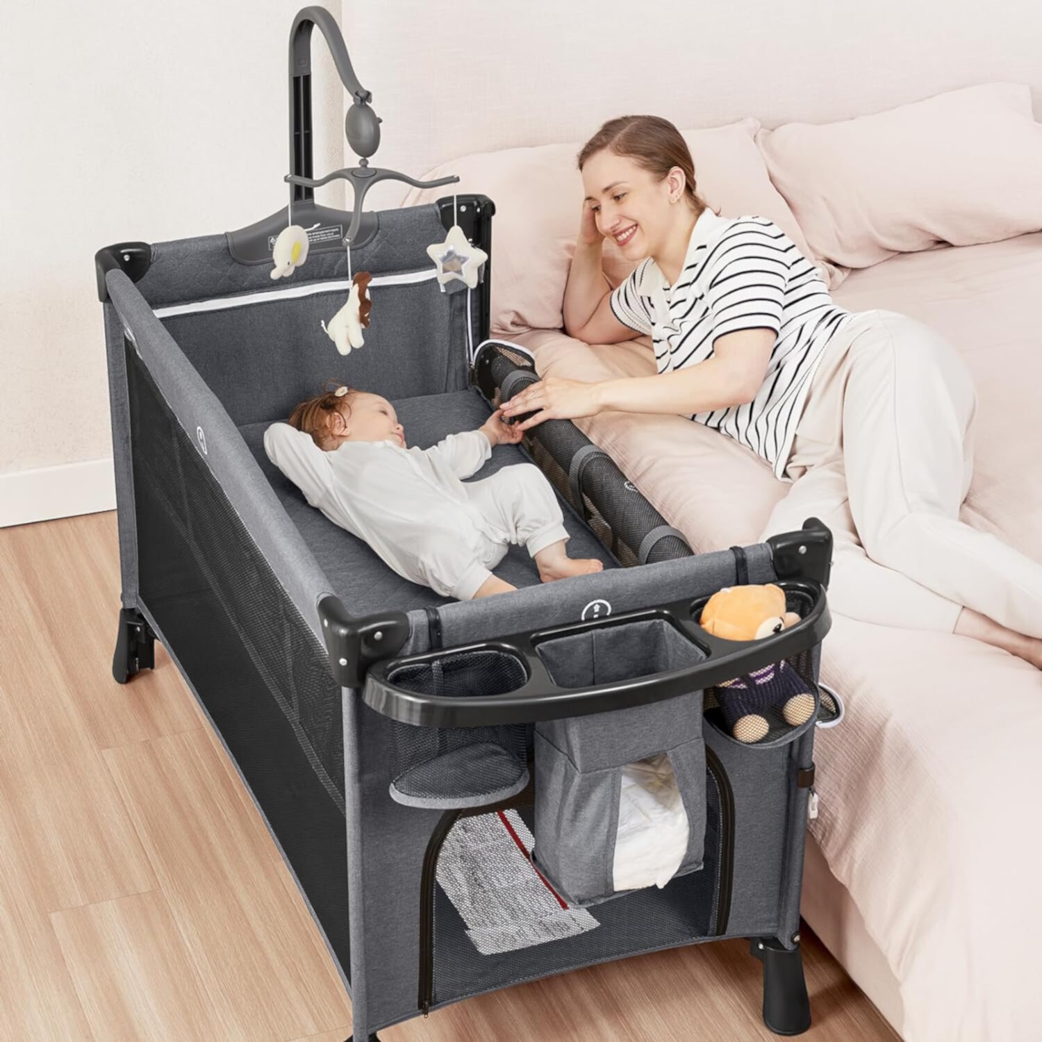 ANGELBLISS 5 in 1 Baby Bassinet Bedside Crib, Rocking Bassinet with Diaper Changer, Pack and Play with Bassinet, Portable Folding Playpen Playard with Mobile, Sheet & Mattress(Grey) ANGELBLISS