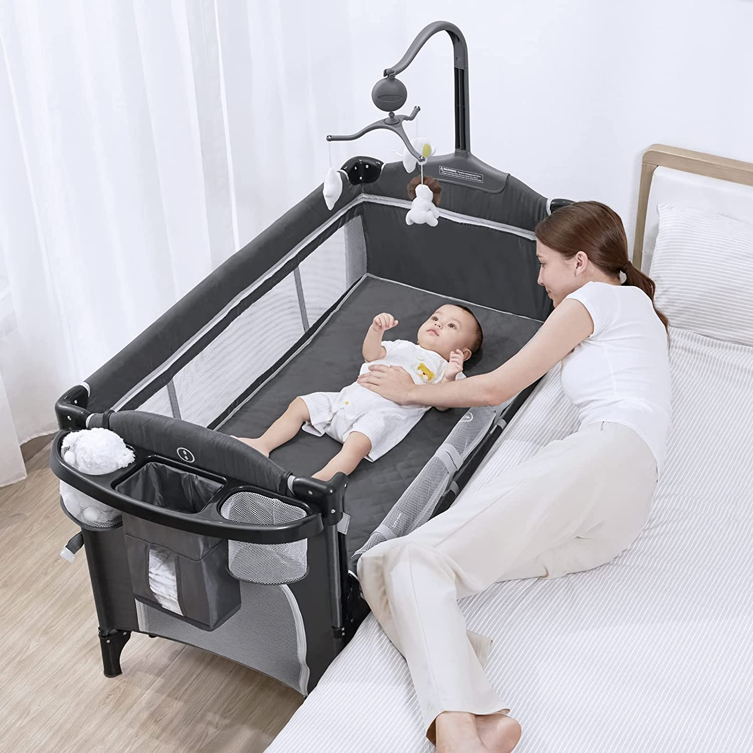 ANGELBLISS 5 in 1 Flat Bassinet Bedside Sleeper, Rocking Bassinet, Easy Folding Portable Playards, Pack and Play with Mattress, Diaper Changer and Music Mobile(Dark Grey)(0-12months) ANGELBLISS