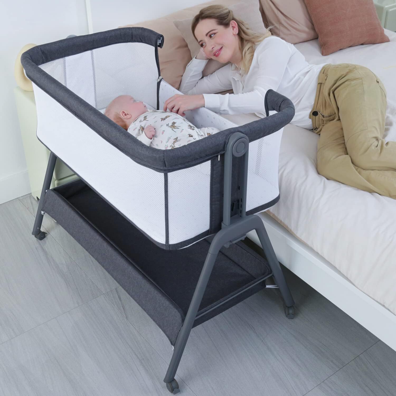 ANGELBLISS Flat Bedside Bassinet with Storage Basket, Easy Folding Portable Crib with Wheels, Included Breathable Mesh, Cozy Mattress(Black)(0-6 months) ANGELBLISS