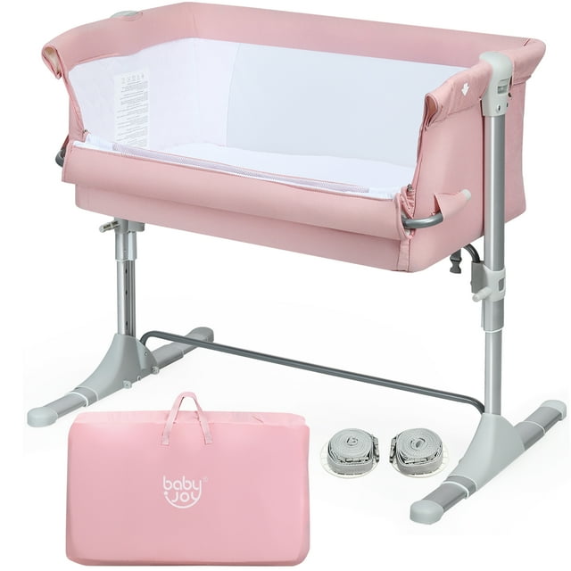 Costway Bassinet Bed Side Crib Infant Sleeper Breathable Mesh with Carrying Bag 0-18 Months Pink Costway