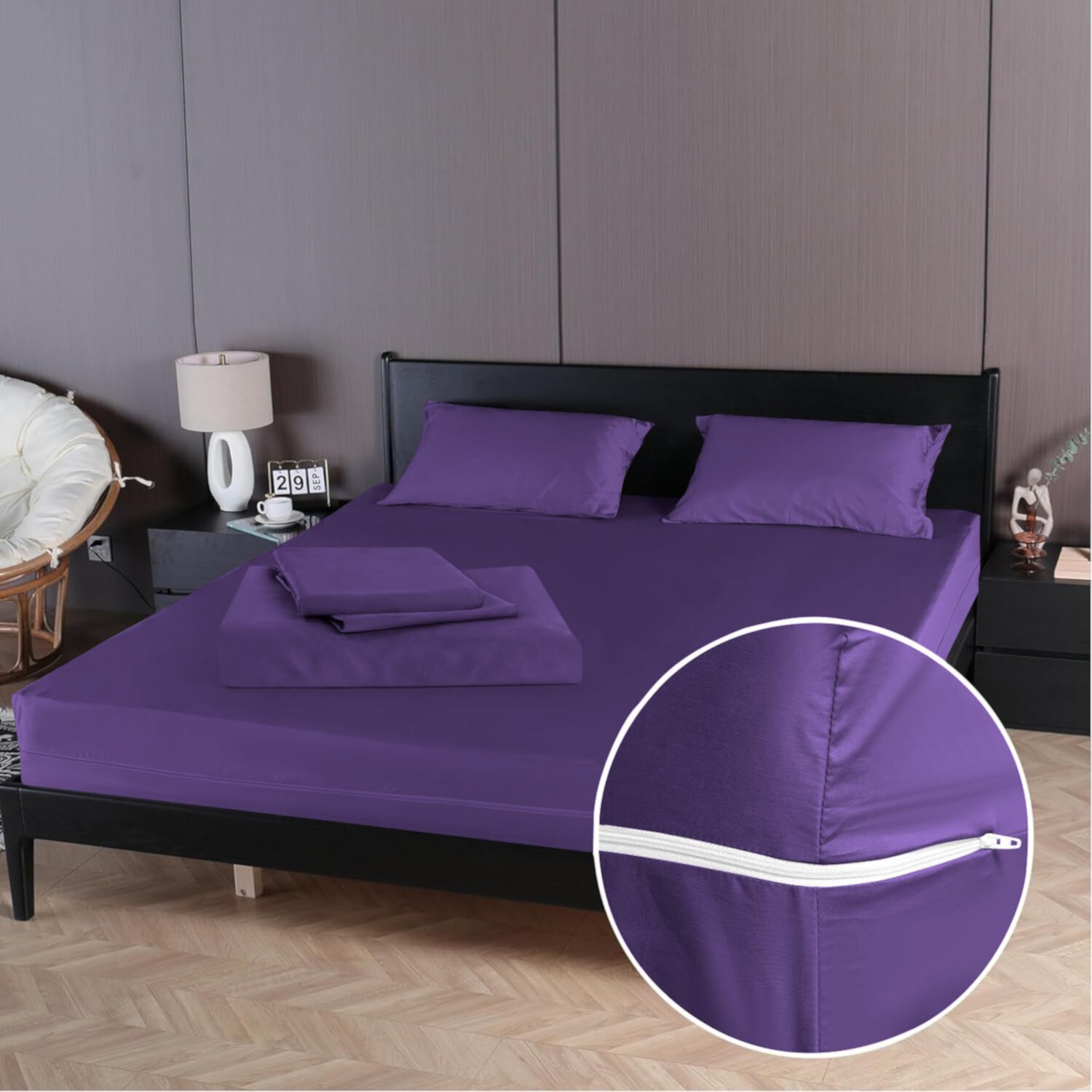 4 Piece Zipper Sheet Set Includes (1 Zipper Fitted Sheet, 1 Flat Sheet And 2 Zipper PillowCase) with 26 Inch Deep Pocket 800 TC 100% Egyptian Cotton Solid Purple Color King Size D.N.G. BEDDINGS