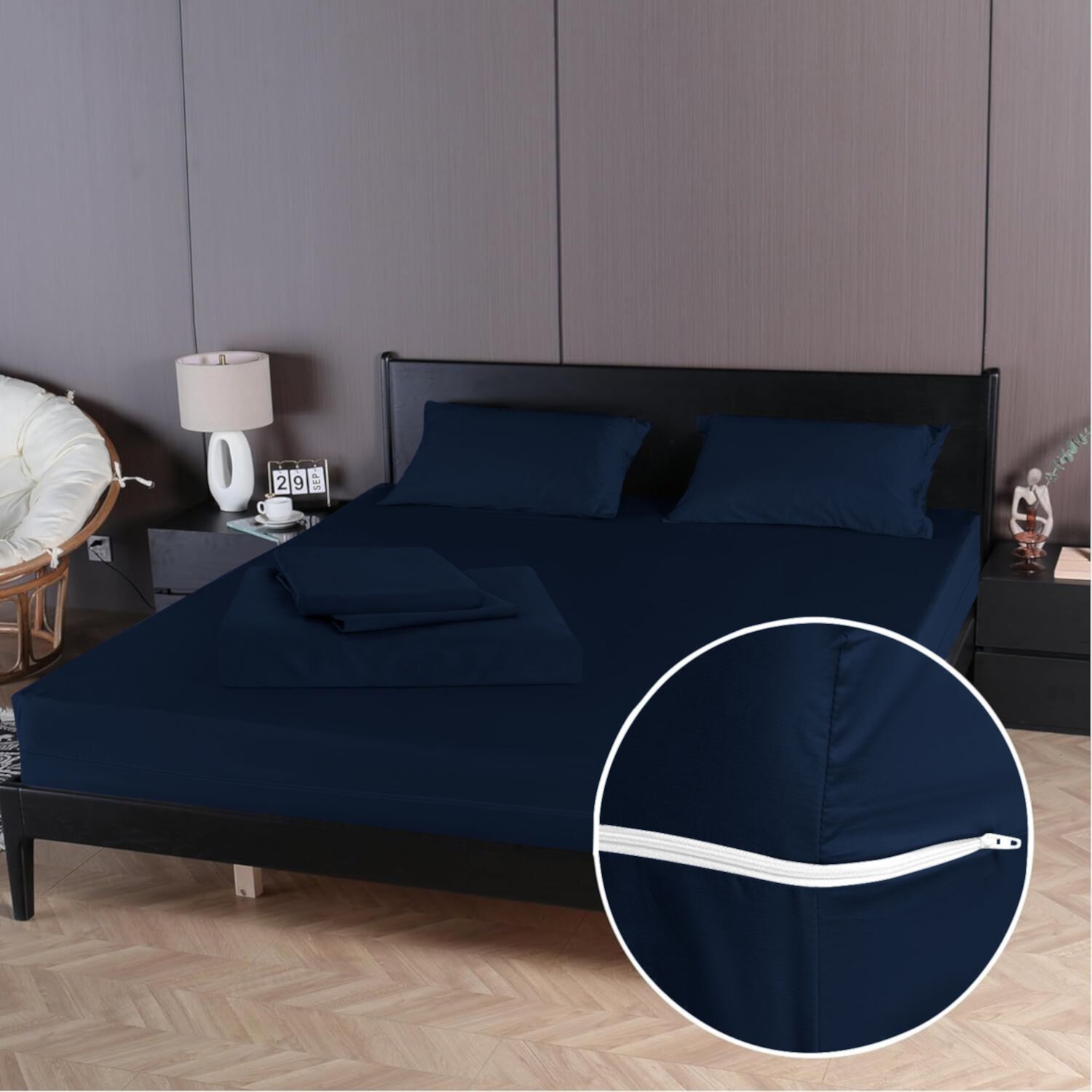 4 Piece Zipper Sheet Set Includes (1 Zipper Fitted Sheet, 1 Flat Sheet And 2 Zipper PillowCase) with 24 Inch Deep Pocket 800 TC 100% Egyptian Cotton Solid Navy Blue Color Twin Size D.N.G. BEDDINGS