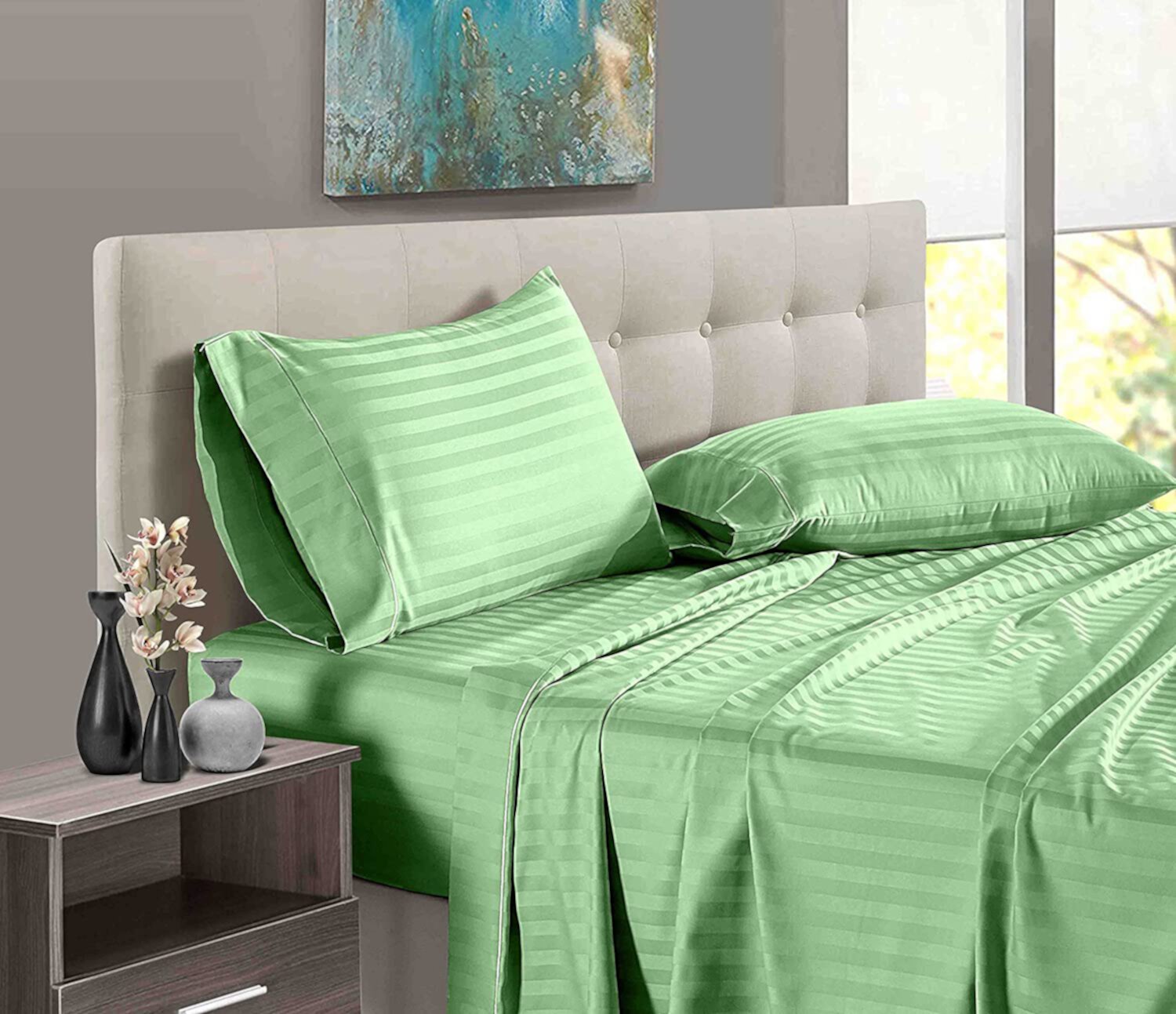 Alberta King Size Bed Sheet Set 4 Piece, 400 Thread Count, 16" Deep Pocket, 100% Egyptian Cotton, Sateen Finish, Extra Soft and Luxury - Sage Stripe. Bedding Begs