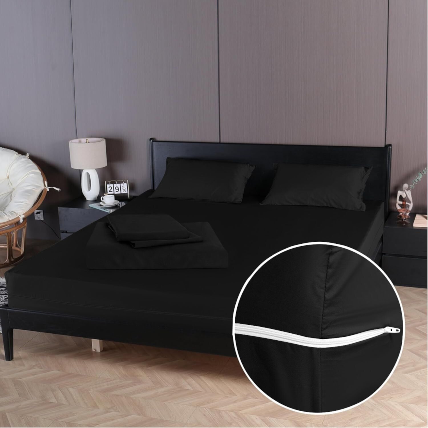 4 Piece Zipper Sheet Set Includes (1 Zipper Fitted Sheet, 1 Flat Sheet And 2 Zipper PillowCase) with 24 Inch Deep Pocket 800 TC 100% Egyptian Cotton Solid Black Color Olympic Queen Size D.N.G. BEDDINGS