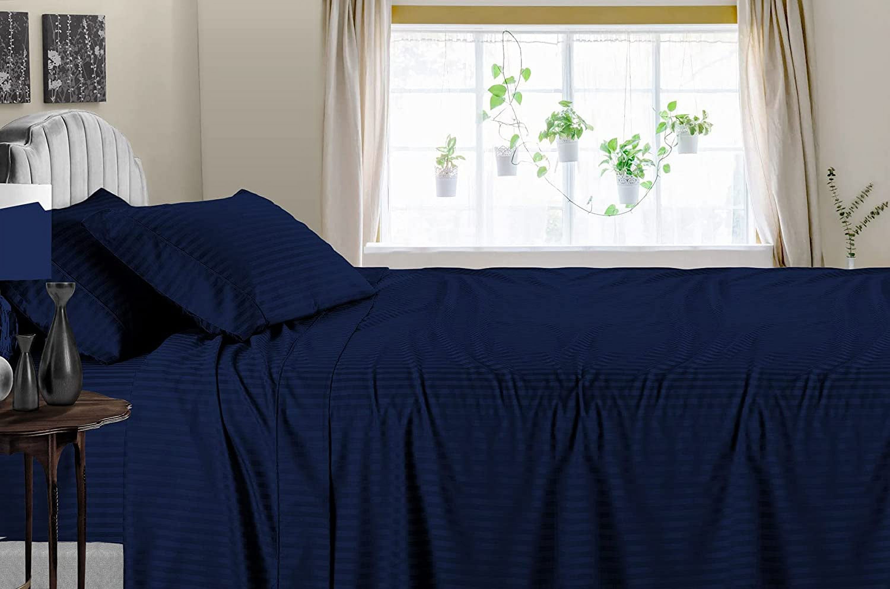 Family XL King Size Bed Sheet Set 4 Piece, 400 Thread Count, 14" Deep Pocket, 100% Egyptian Cotton, Sateen Finish, Extra Soft and Luxury - Navy Blue Stripe. Bedding Begs