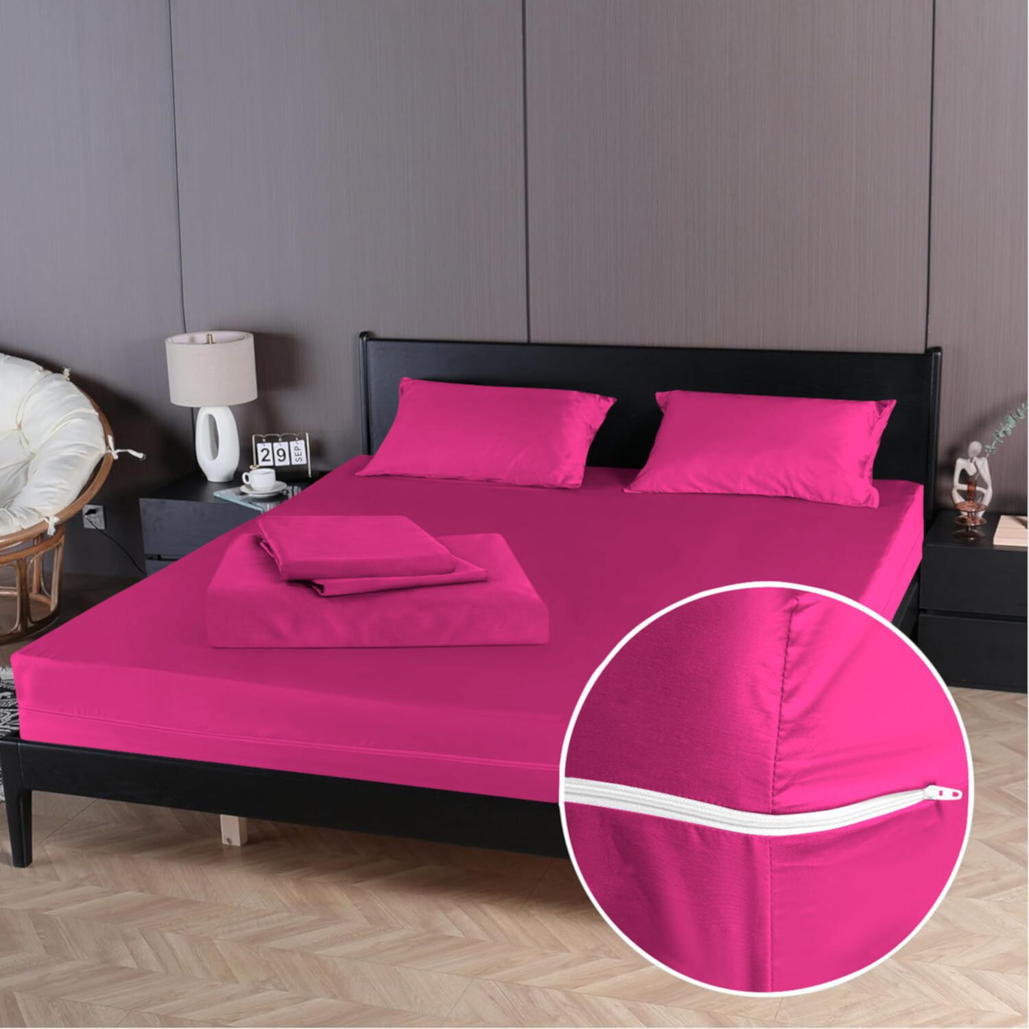 4 Piece Zipper Sheet Set Includes (1 Zipper Fitted Sheet, 1 Flat Sheet And 2 Zipper PillowCase) with 26 Inch Deep Pocket 800 TC 100% Egyptian Cotton Solid Hot Pink Color King Size D.N.G. BEDDINGS