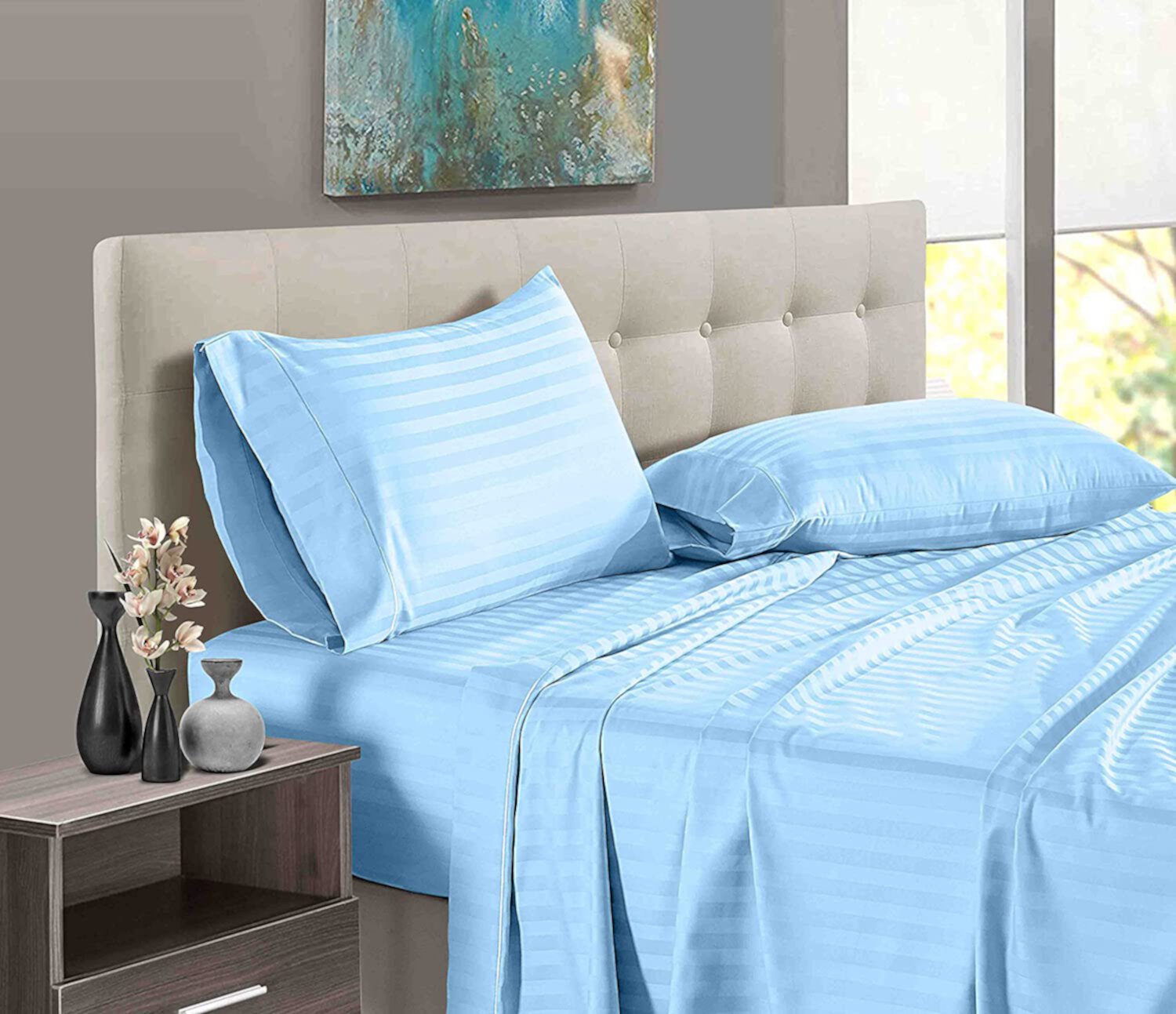 Short Alaska King Size Bed Sheet Set 4 Piece, 400 Thread Count, 14" Deep Pocket, 100% Egyptian Cotton, Sateen Finish, Extra Soft and Luxury - Light Blue Stripe. Bedding Begs