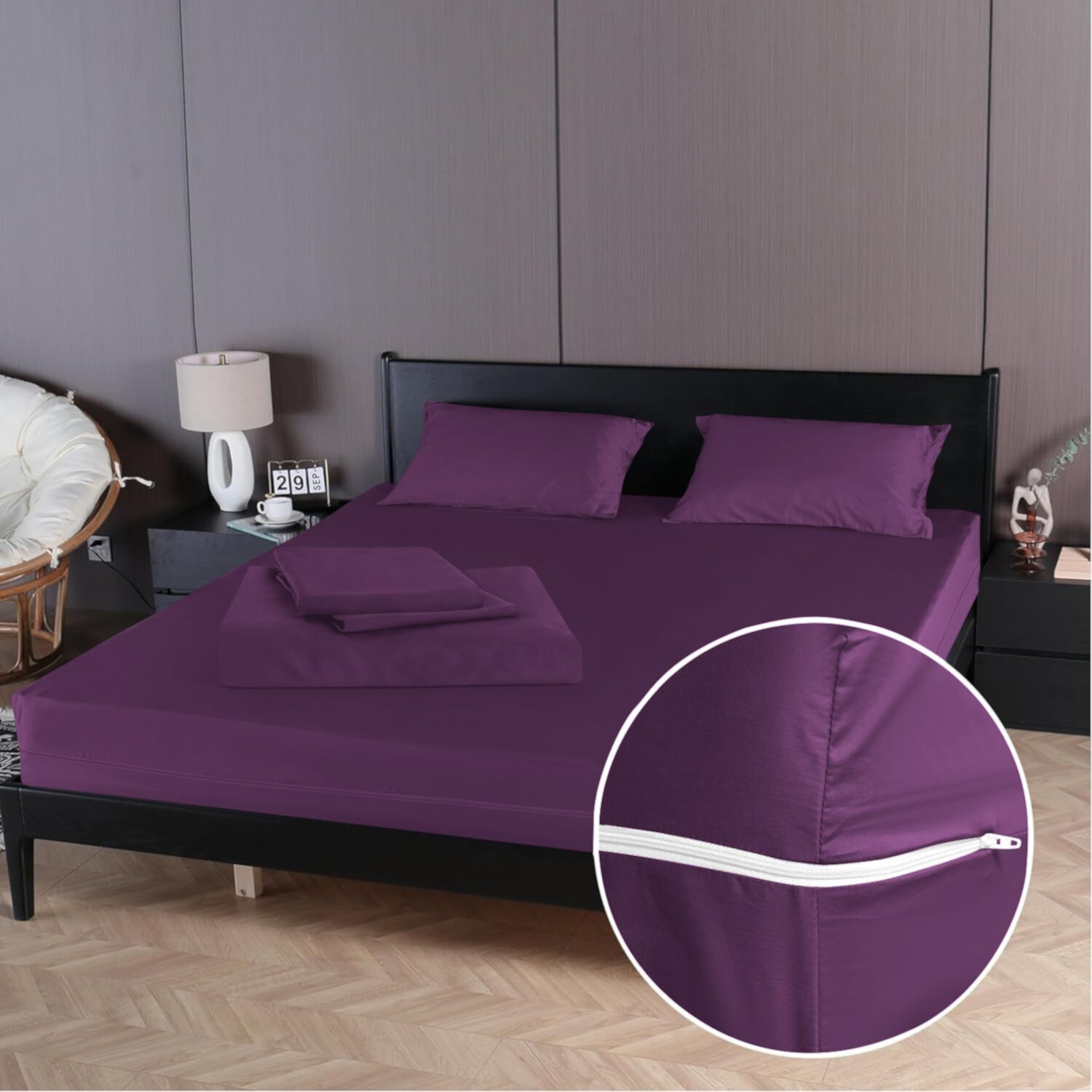 4 Piece Zipper Sheet Set Includes (1 Zipper Fitted Sheet, 1 Flat Sheet And 2 Zipper PillowCase) with 24 Inch Deep Pocket 800 TC 100% Egyptian Cotton Solid Plum Color Twin Size D.N.G. BEDDINGS