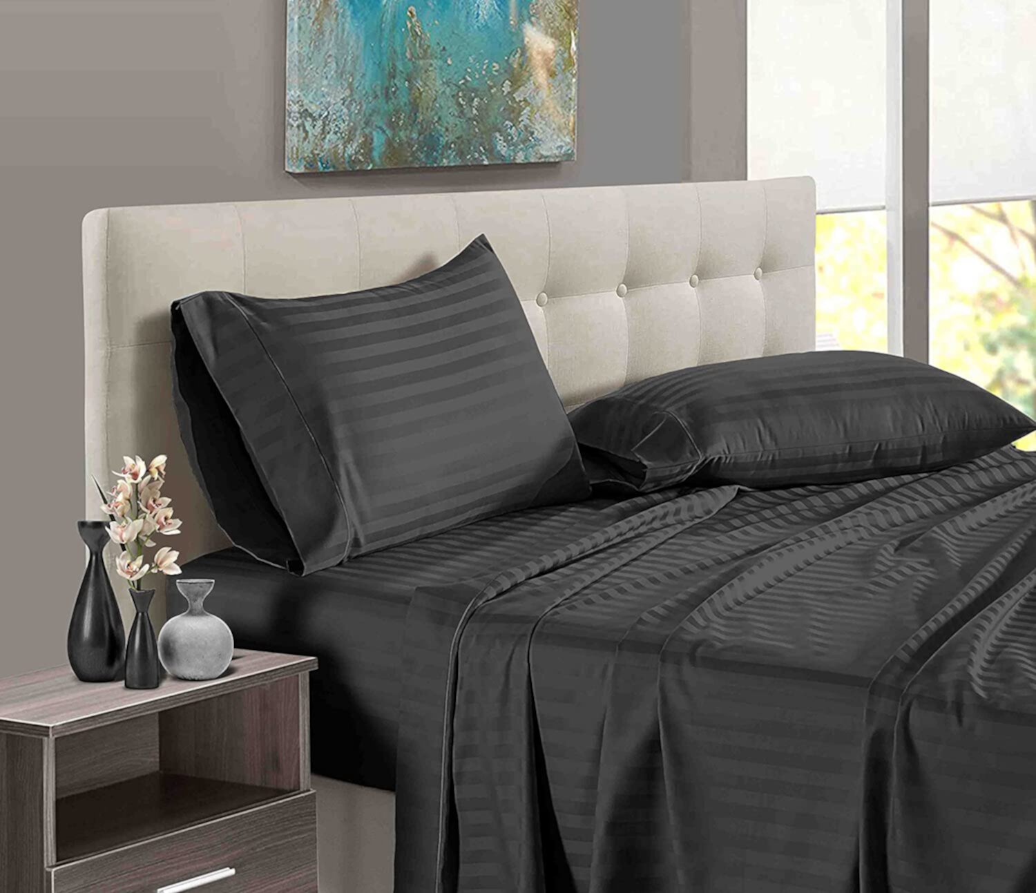 Alaska King Size Bed Sheet Set 4 Piece, 400 Thread Count, 14" Deep Pocket, 100% Egyptian Cotton, Sateen Finish, Extra Soft and Luxury - Dark Grey Stripe. Bedding Begs