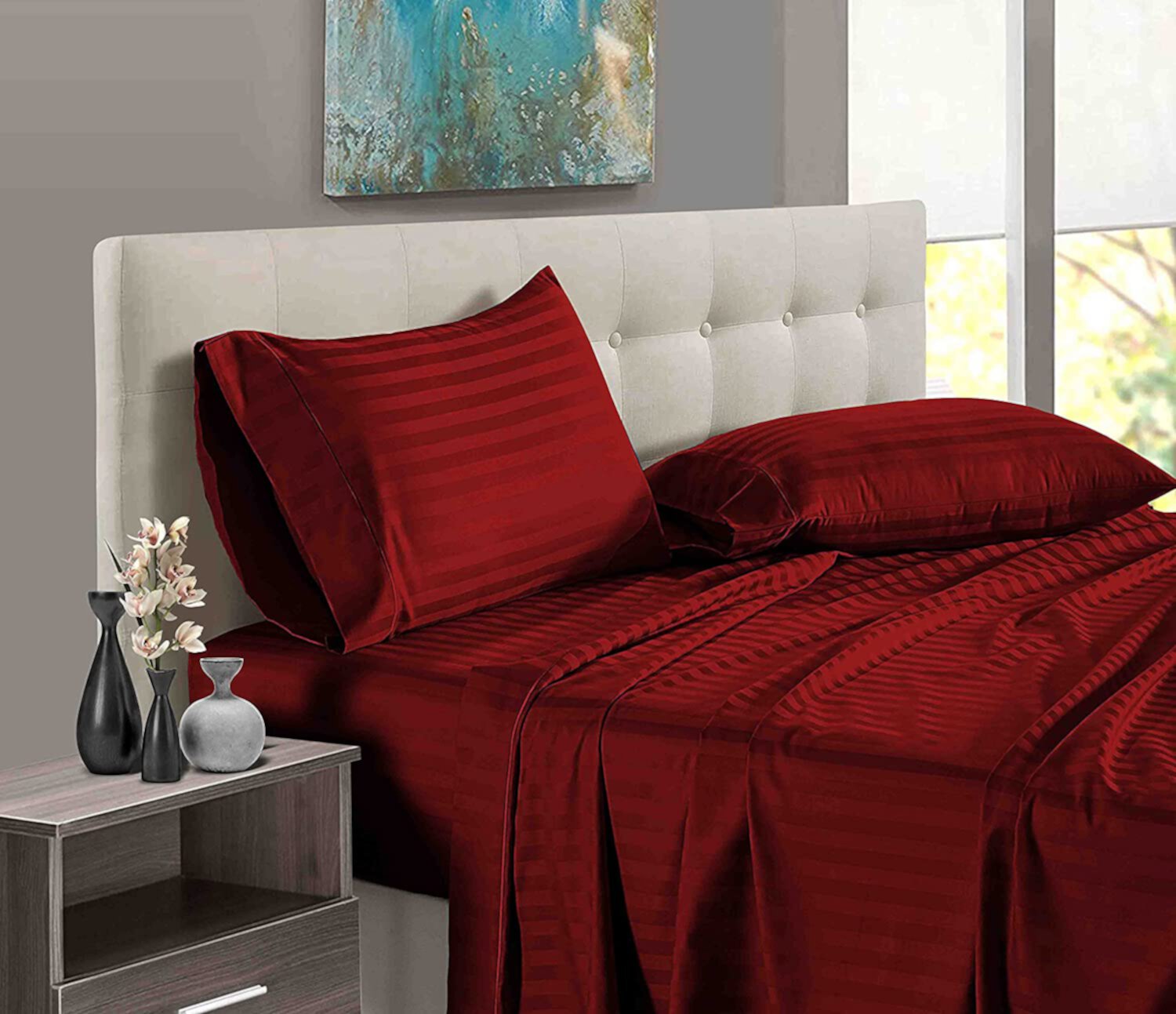 Alaska King Size Bed Sheet Set 4 Piece, 400 Thread Count, 16" Deep Pocket, 100% Egyptian Cotton, Sateen Finish, Extra Soft and Luxury - Burgundy Stripe. Bedding Begs