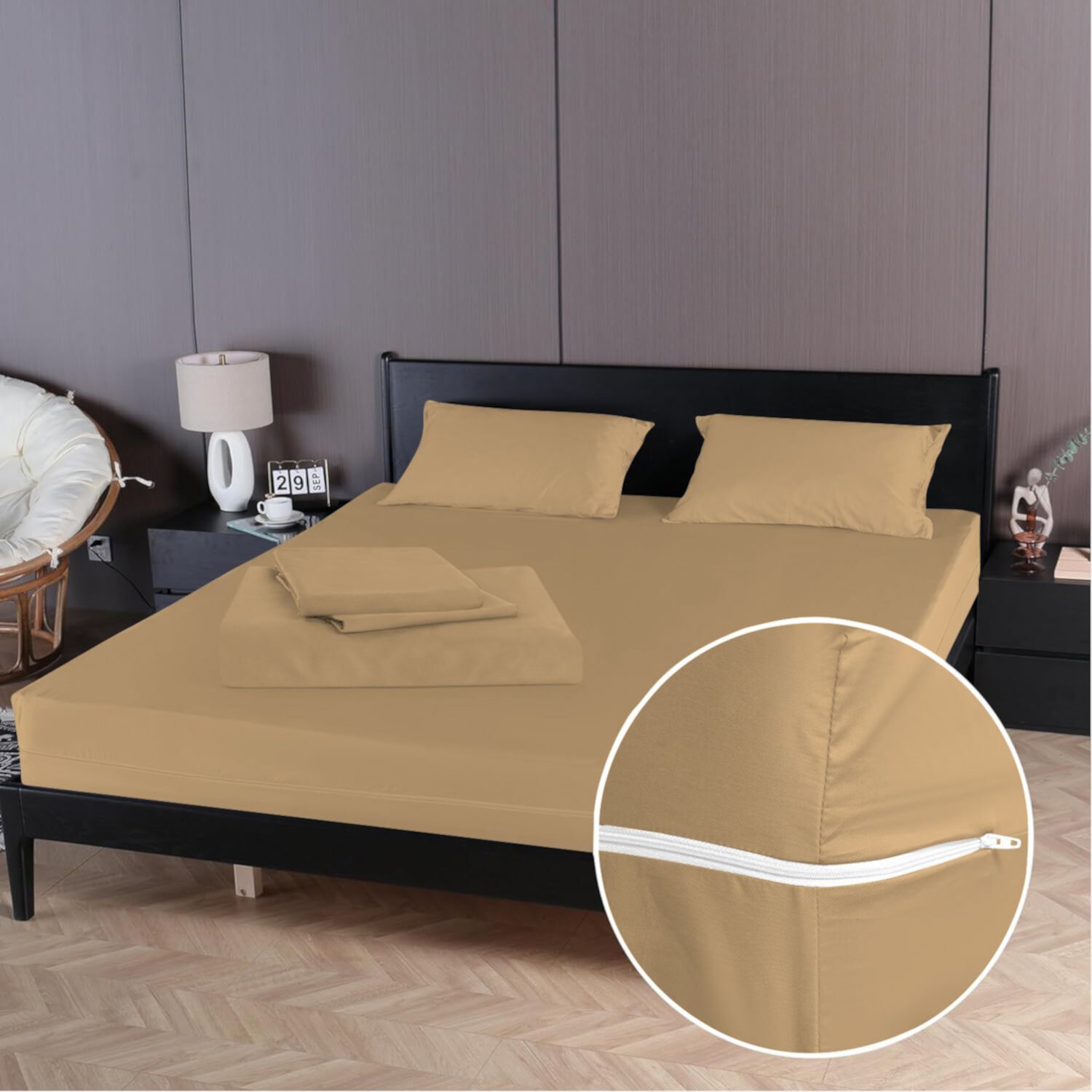 4 Piece Zipper Sheet Set Includes (1 Zipper Fitted Sheet, 1 Flat Sheet And 2 Zipper PillowCase) with 24 Inch Deep Pocket 800 TC 100% Egyptian Cotton Solid Taupe Color Olympic Queen Size D.N.G. BEDDINGS