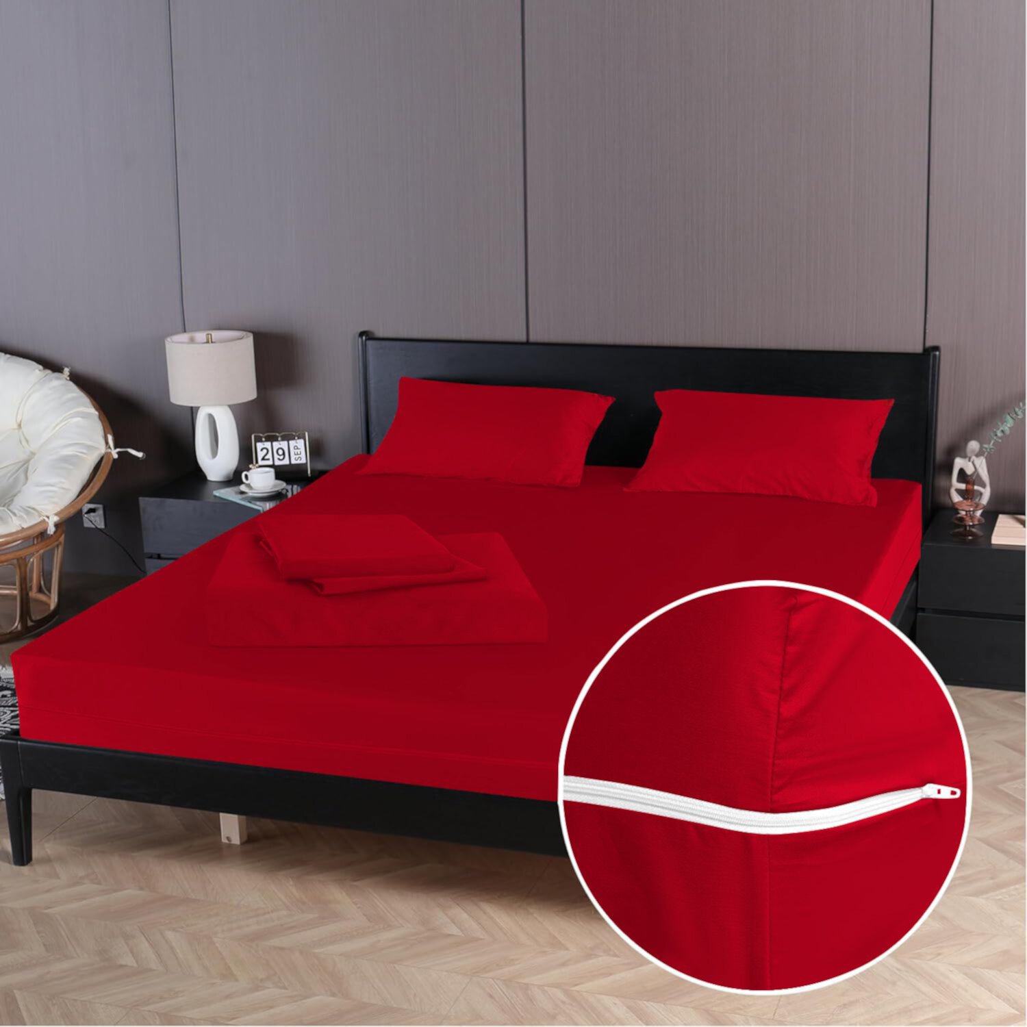 4 Piece Zipper Sheet Set Includes (1 Zipper Fitted Sheet, 1 Flat Sheet And 2 Zipper PillowCase) with 24 Inch Deep Pocket 800 TC 100% Egyptian Cotton Solid Red Color King Size D.N.G. BEDDINGS