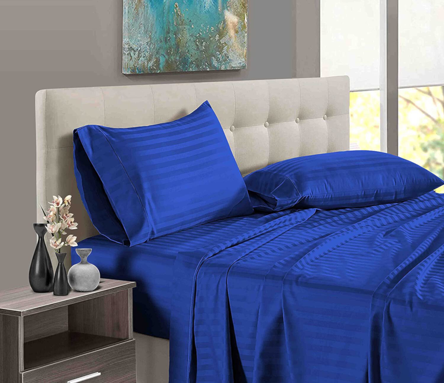 Wyoming King Size Bed Sheet Set 4 Piece, 400 Thread Count, 12" Deep Pocket, 100% Egyptian Cotton, Sateen Finish, Extra Soft and Luxury - Royal Blue Stripe. Bedding Begs