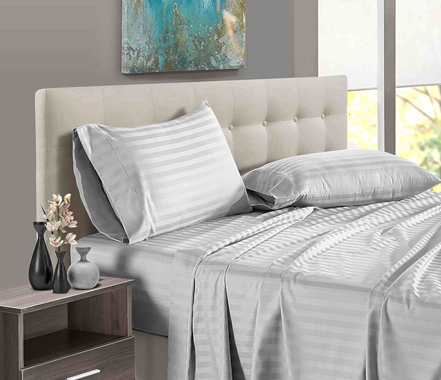 Wyoming King Size Bed Sheet Set 4 Piece, 400 Thread Count, 18" Deep Pocket, 100% Egyptian Cotton, Sateen Finish, Extra Soft and Luxury - Light Grey Stripe. Bedding Begs