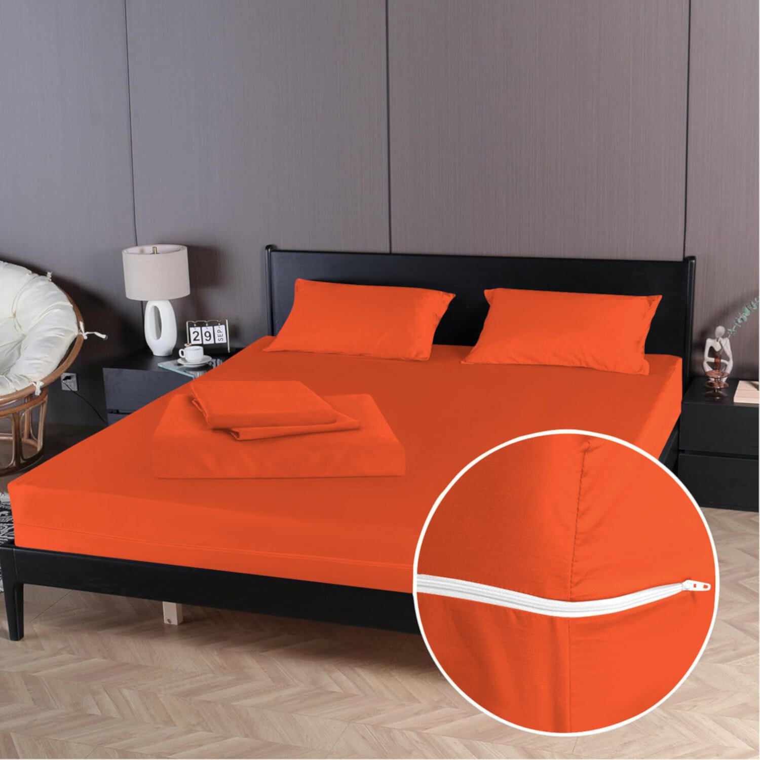 4 Piece Zipper Sheet Set Includes (1 Zipper Fitted Sheet, 1 Flat Sheet And 2 Zipper PillowCase) with 26 Inch Deep Pocket 800 TC 100% Egyptian Cotton Solid Orange Color King Size D.N.G. BEDDINGS