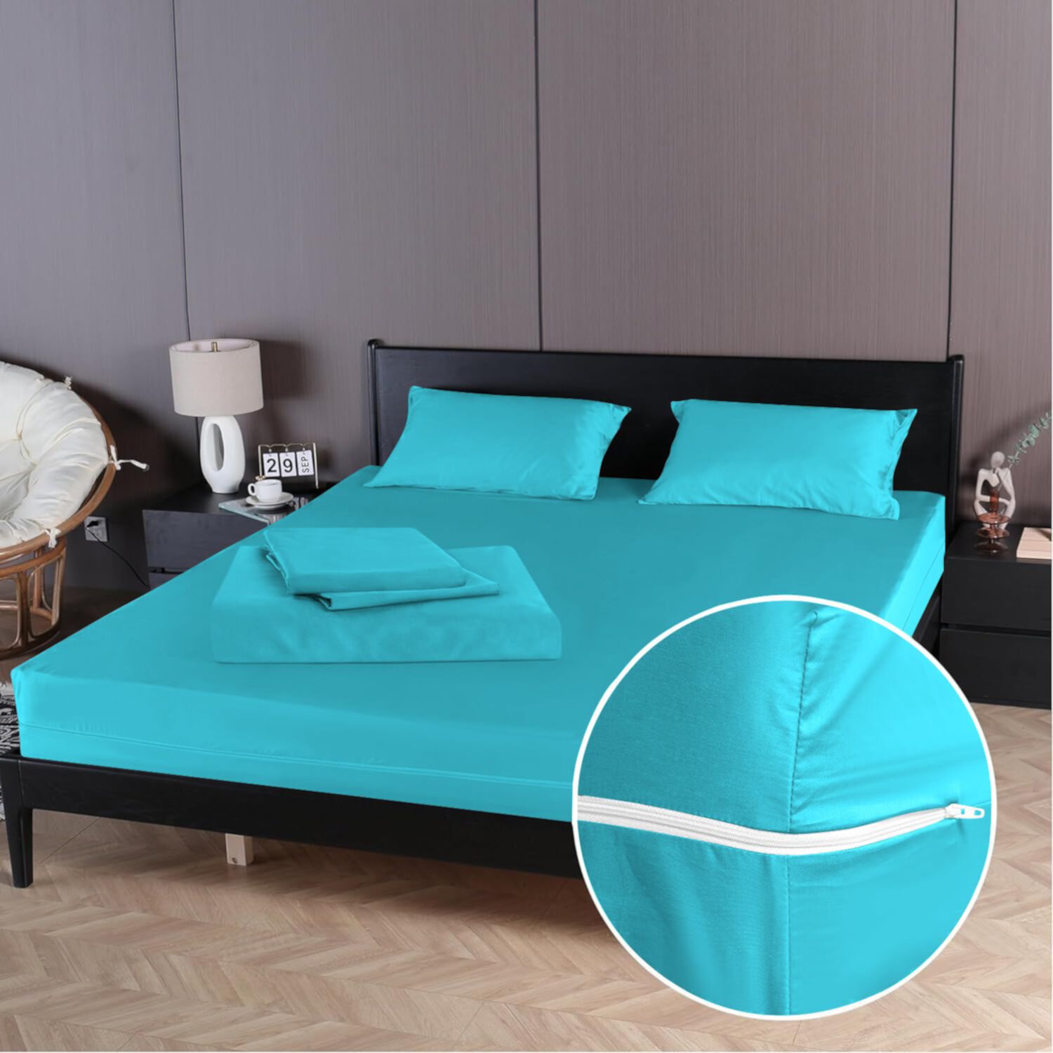 4 Piece Zipper Sheet Set Includes (1 Zipper Fitted Sheet, 1 Flat Sheet And 2 Zipper PillowCase) with 24 Inch Deep Pocket 800 TC 100% Egyptian Cotton Solid Turquoise Blue Color Cal King Size D.N.G. BEDDINGS