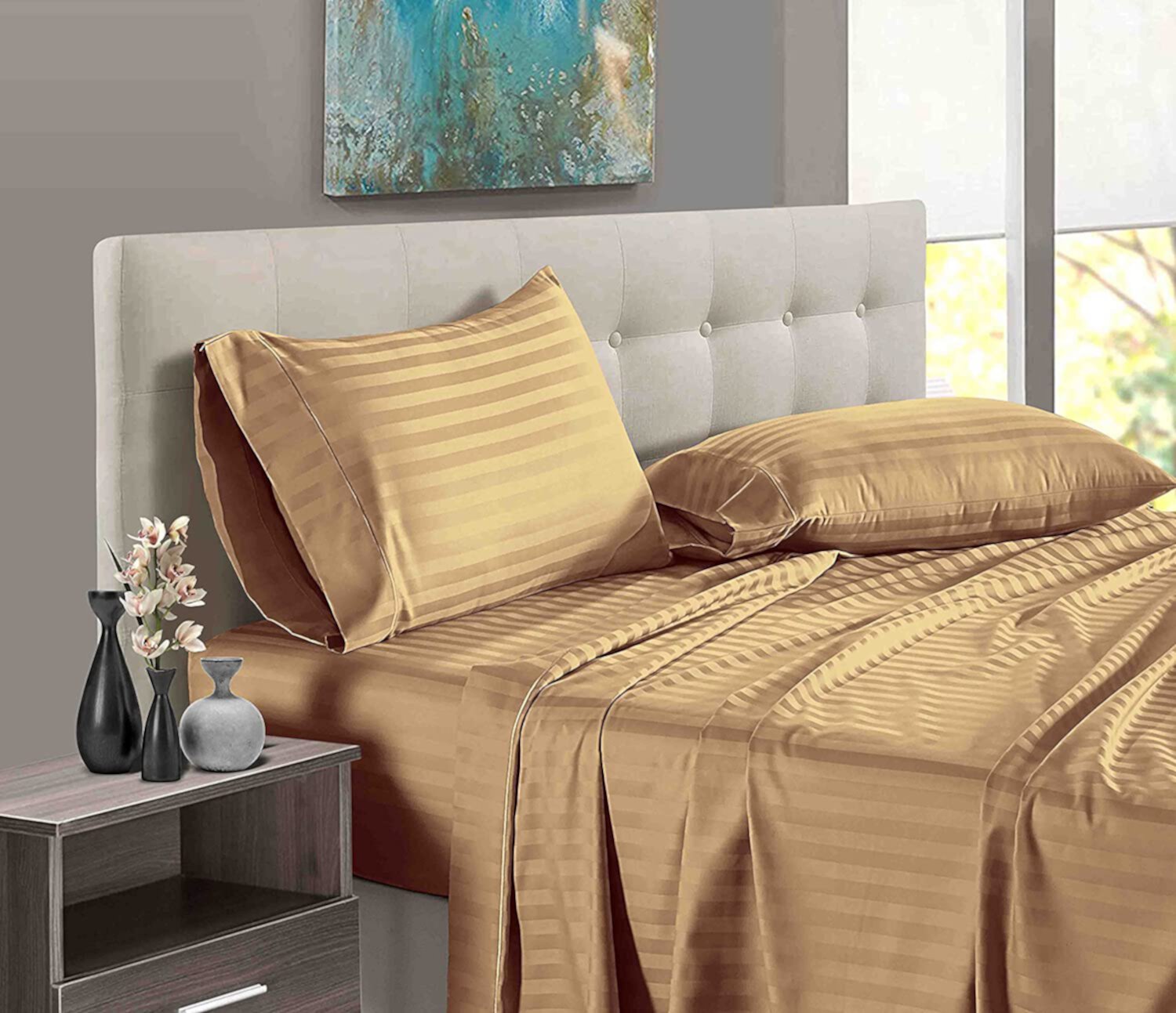 Wyoming King Size Bed Sheet Set 4 Piece, 400 Thread Count, 16" Deep Pocket, 100% Egyptian Cotton, Sateen Finish, Extra Soft and Luxury - Taupe Stripe. Bedding Begs