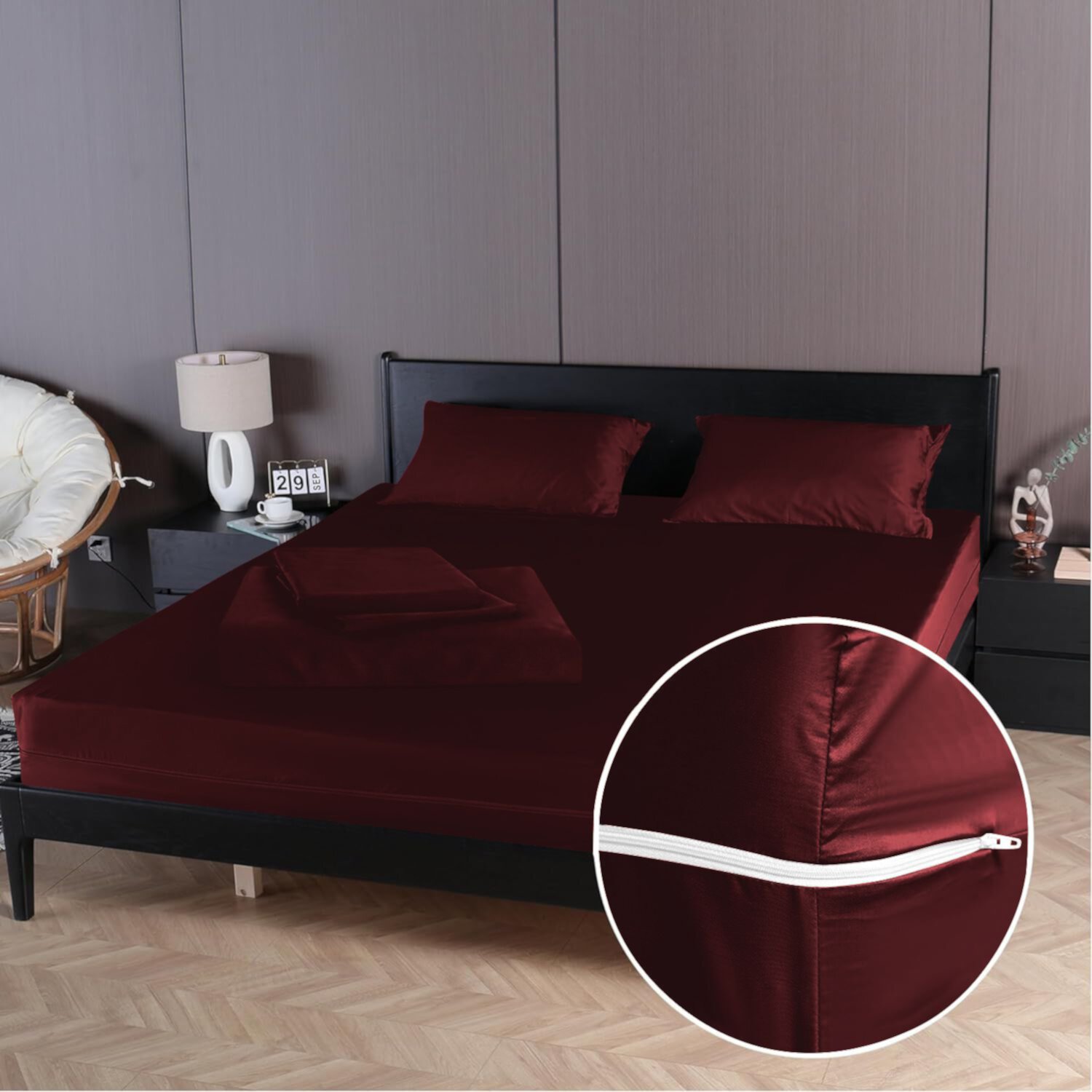 4 Piece Zipper Sheet Set Includes (1 Zipper Fitted Sheet, 1 Flat Sheet And 2 Zipper PillowCase) with 24 Inch Deep Pocket 800 TC 100% Egyptian Cotton Solid Wine Color Olympic Queen Size D.N.G. BEDDINGS