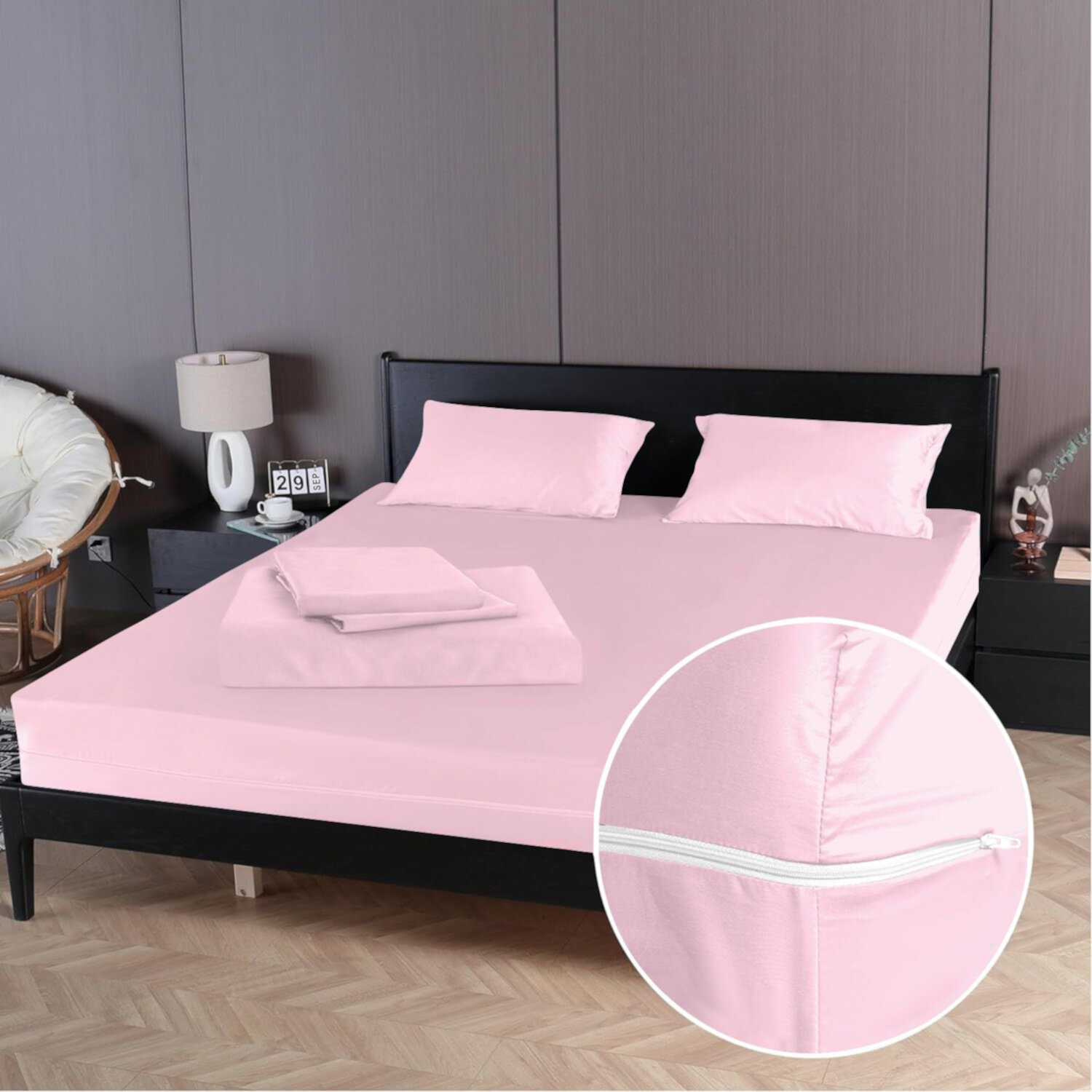 4 Piece Zipper Sheet Set Includes (1 Zipper Fitted Sheet, 1 Flat Sheet And 2 Zipper PillowCase) with 26 Inch Deep Pocket 800 TC 100% Egyptian Cotton Solid Light Pink Color Queen Size D.N.G. BEDDINGS