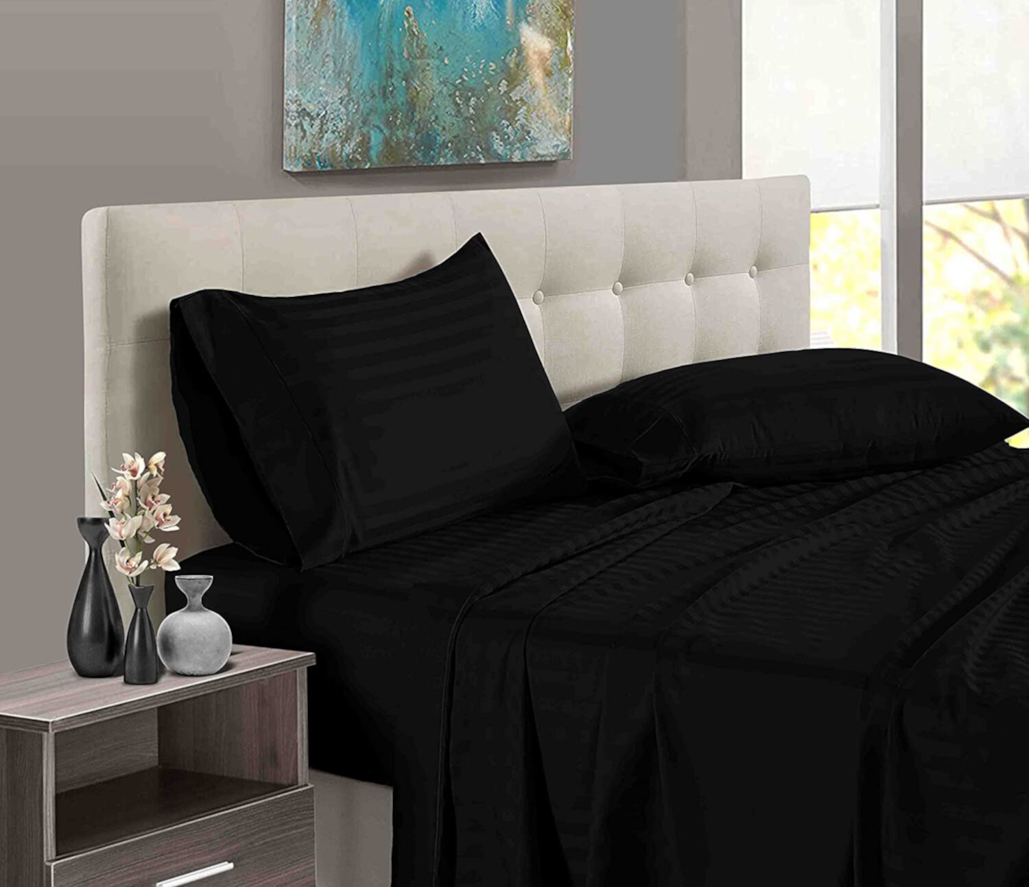 Wyoming King Size Bed Sheet Set 4 Piece, 400 Thread Count, 18" Deep Pocket, 100% Egyptian Cotton, Sateen Finish, Extra Soft and Luxury - Black Stripe. Bedding Begs