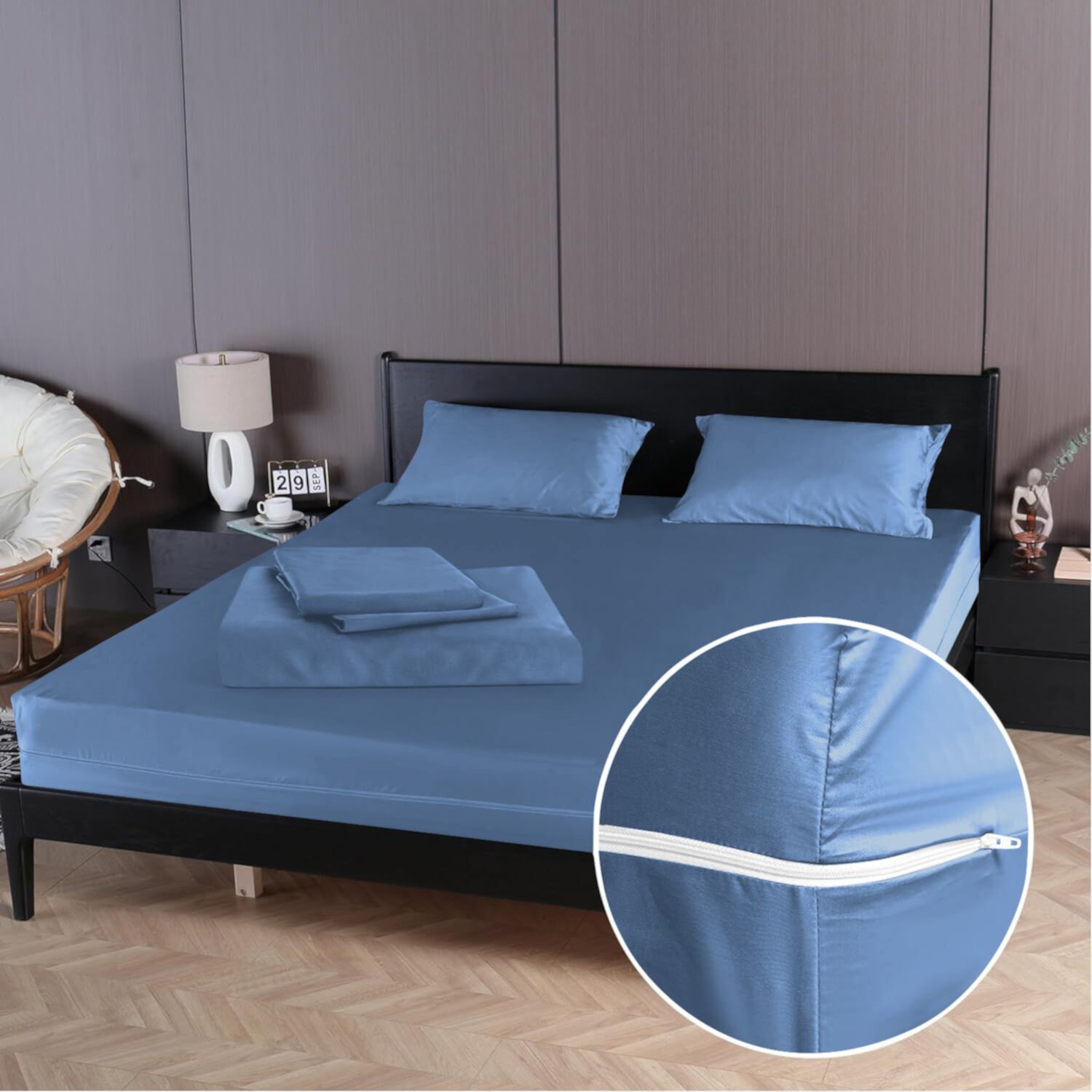 4 Piece Zipper Sheet Set Includes (1 Zipper Fitted Sheet, 1 Flat Sheet And 2 Zipper PillowCase) with 24 Inch Deep Pocket 800 TC 100% Egyptian Cotton Solid Medium Blue Color Queen Size D.N.G. BEDDINGS