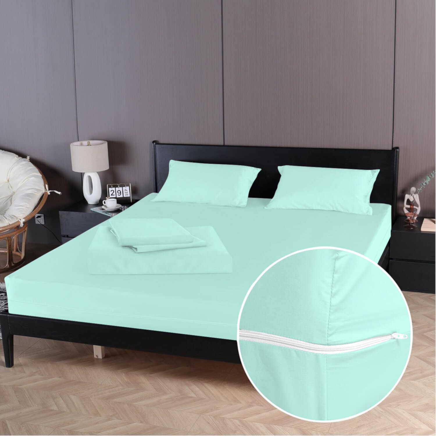 4 Piece Zipper Sheet Set Includes (1 Zipper Fitted Sheet, 1 Flat Sheet And 2 Zipper PillowCase) with 24 Inch Deep Pocket 800 TC 100% Egyptian Cotton Solid Aqua Blue Color Cal King Size D.N.G. BEDDINGS