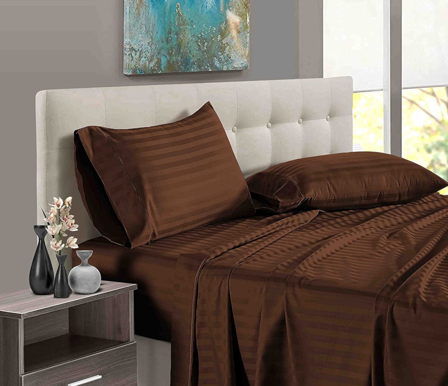 Alaska King Size Bed Sheet Set 4 Piece, 400 Thread Count, 14" Deep Pocket, 100% Egyptian Cotton, Sateen Finish, Extra Soft and Luxury - Chocolate Stripe. Bedding Begs