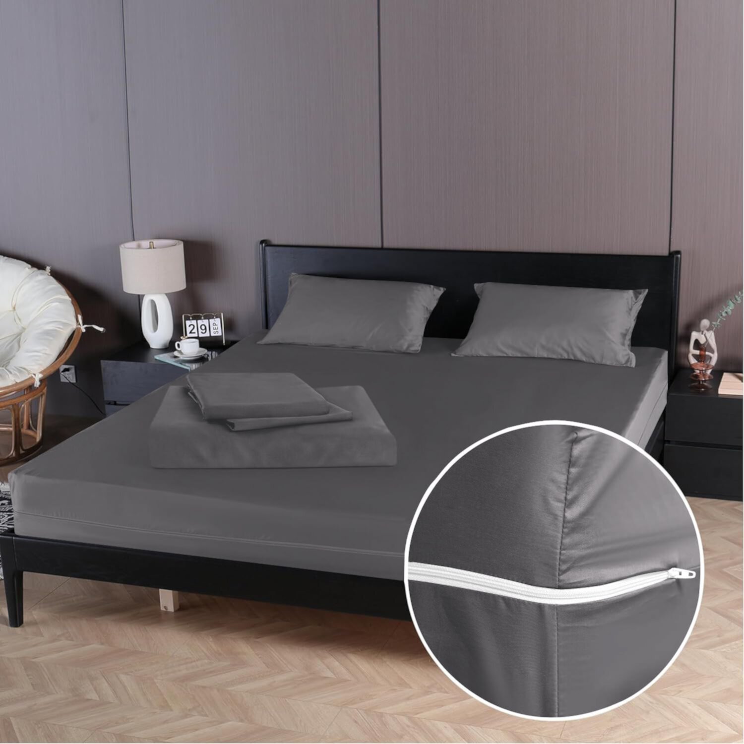 4 Piece Zipper Sheet Set Includes (1 Zipper Fitted Sheet, 1 Flat Sheet And 2 Zipper PillowCase) with 24 Inch Deep Pocket 800 TC 100% Egyptian Cotton Solid Dark Grey Color King Size D.N.G. BEDDINGS