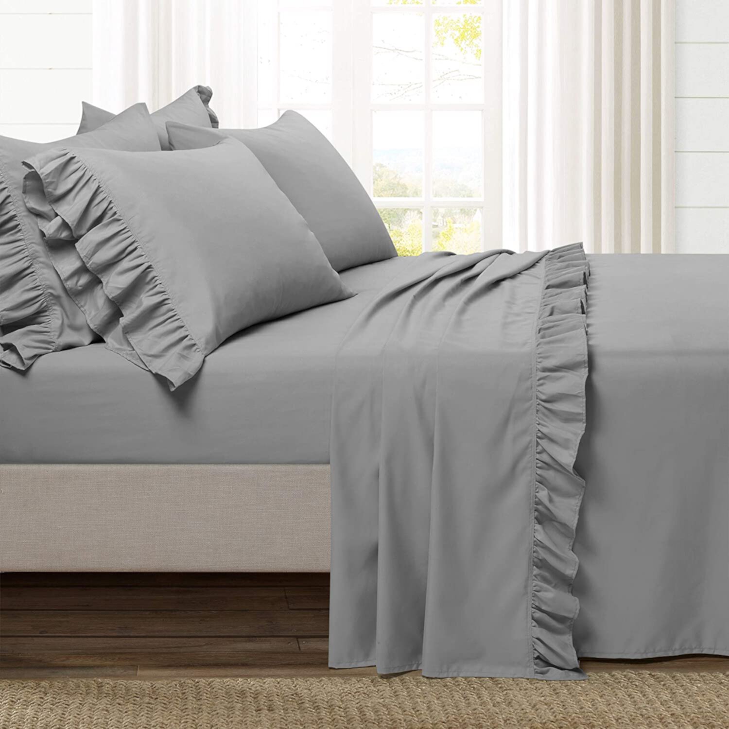 Ruffle Bed Sheet Set 6 Piece - 18 Inch Deep Pocket - 400 Thread Count - 100% Egyptian Cotton - Super Comfy, Extra Soft and Luxury - Dark Gray Solid, King Size. Bedding Begs