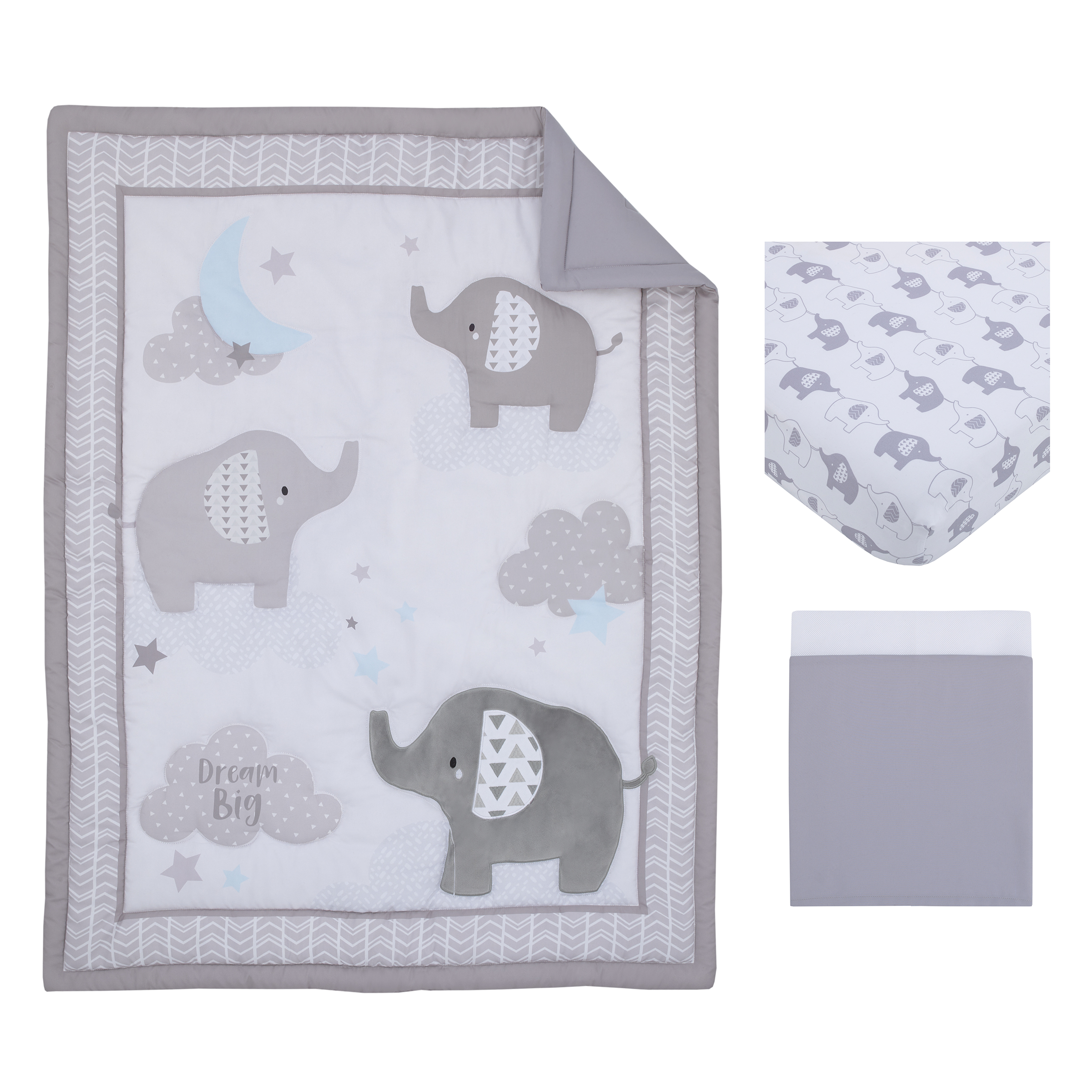 Little Love by NoJo Elephant Stroll Gray and White 3 Piece Nursery Crib Bedding Set, Comforter, Sheet, Crib Skirt, Unisex Little Love by NoJo