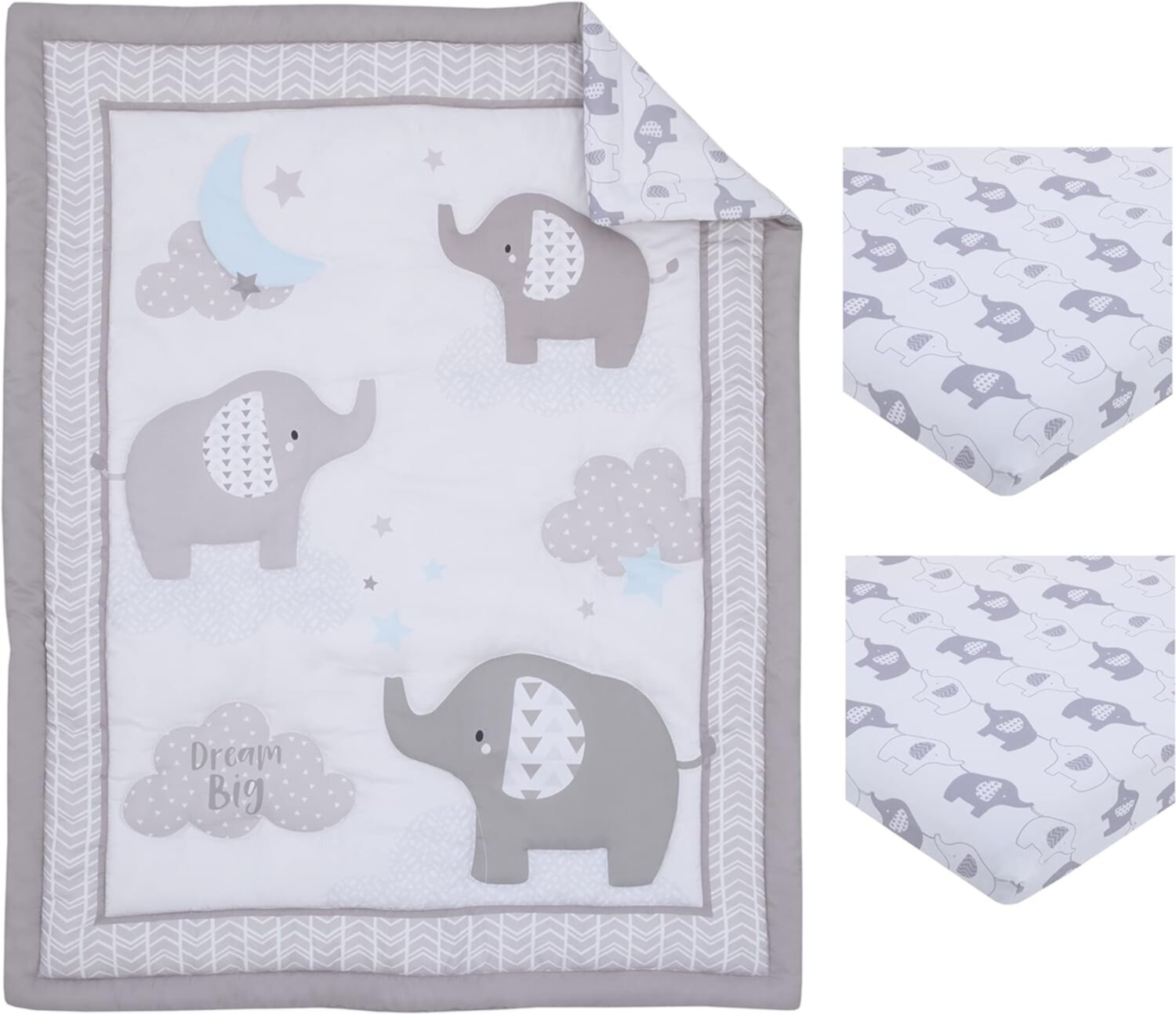 Little Love by NoJo Elephant Stroll Dream Big Clouds and Stars with Chevron Border 3 Piece Nursery Mini Crib Bedding Set - Comforter, and Two Fitted Mini Crib Sheets Little Love by NoJo