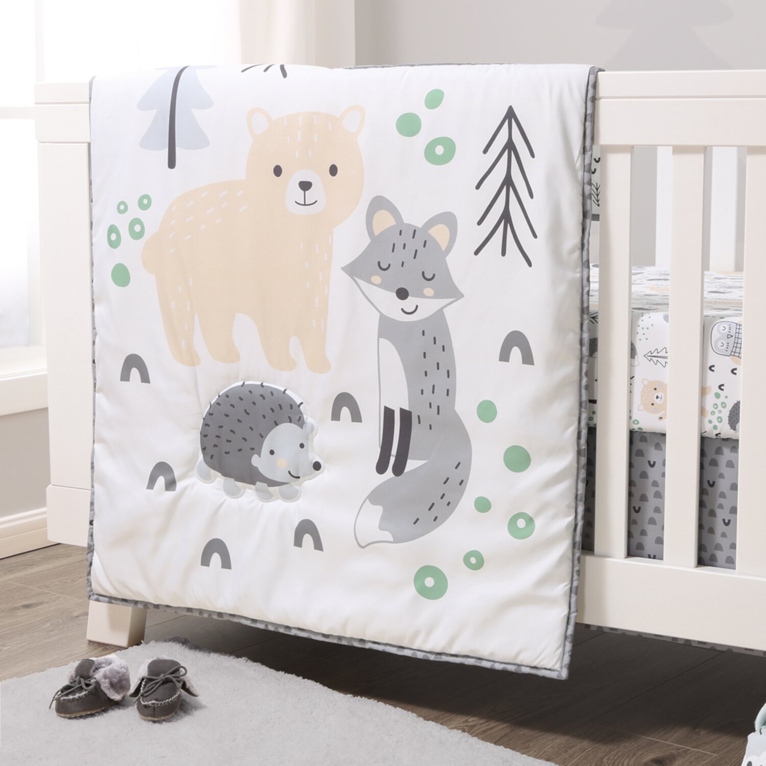 The Peanutshell Grey, Tan and Green Woodscape 5 Piece Crib Bedding Set for Baby Boys or Girls, Nursery Set with Blanket The Peanutshell