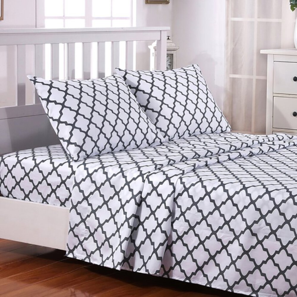 Lux Decor Collection Quatrefoil Bed Sheet Set Full in White Gray Lux Decor Collection