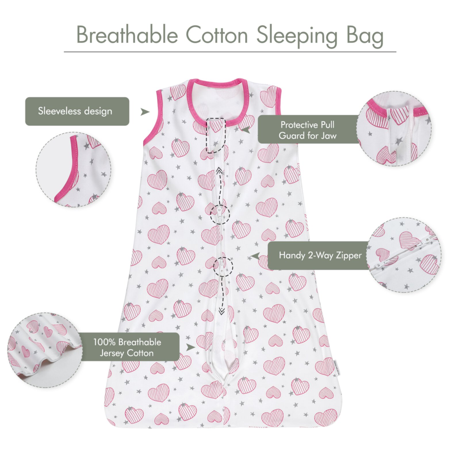 Gllquen Baby Sleep Sack Premium Organic Cotton Wearable Blanket for Toddler Girls, Sleep Bag with 2-Way Zipper, Super Soft Lightweight Sleeveless, Pink and Heart GLLQUEN BABY