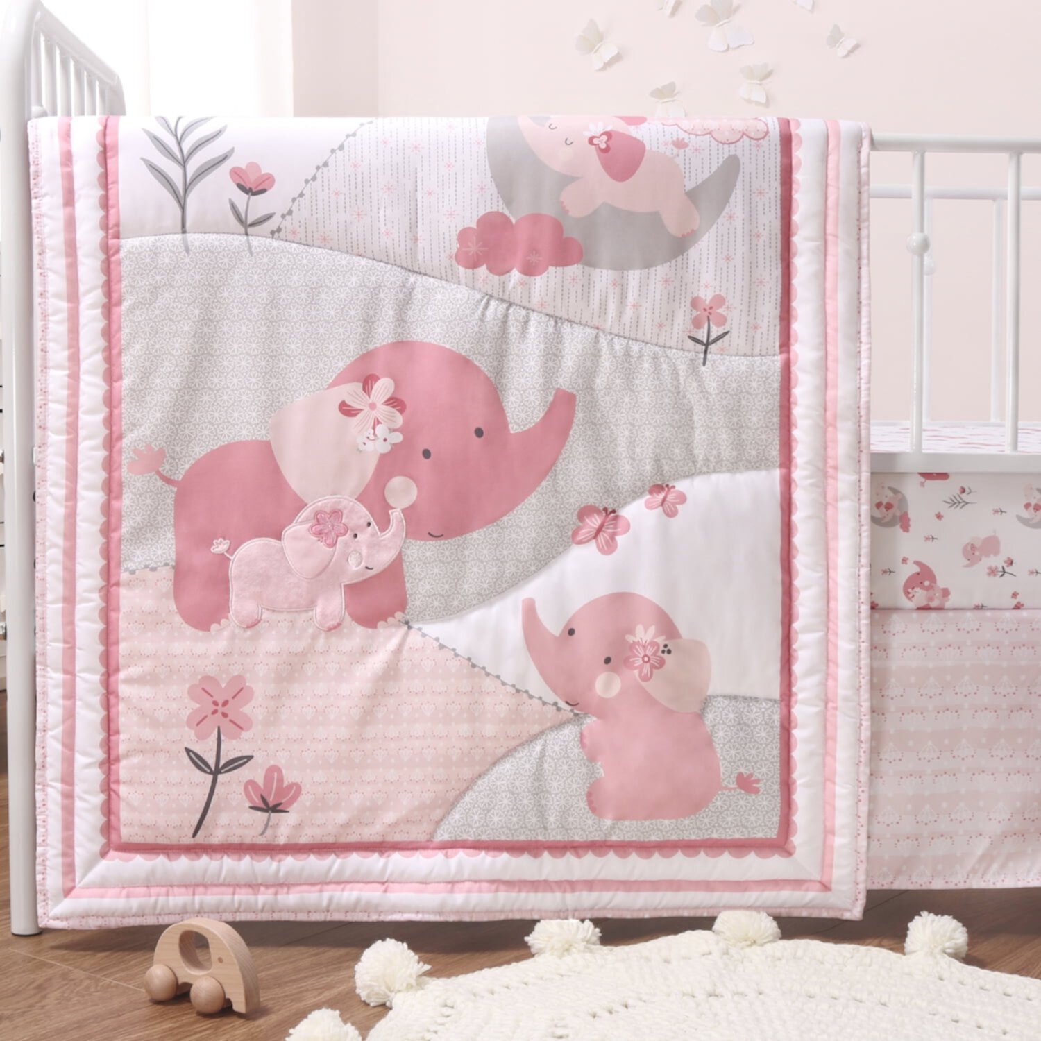 The Peanutshell Pink Elephant 4 Piece Baby Nursery Crib Bedding Set, Quilt, Crib Sheets, Crib Skirt, and Mobile The Peanutshell