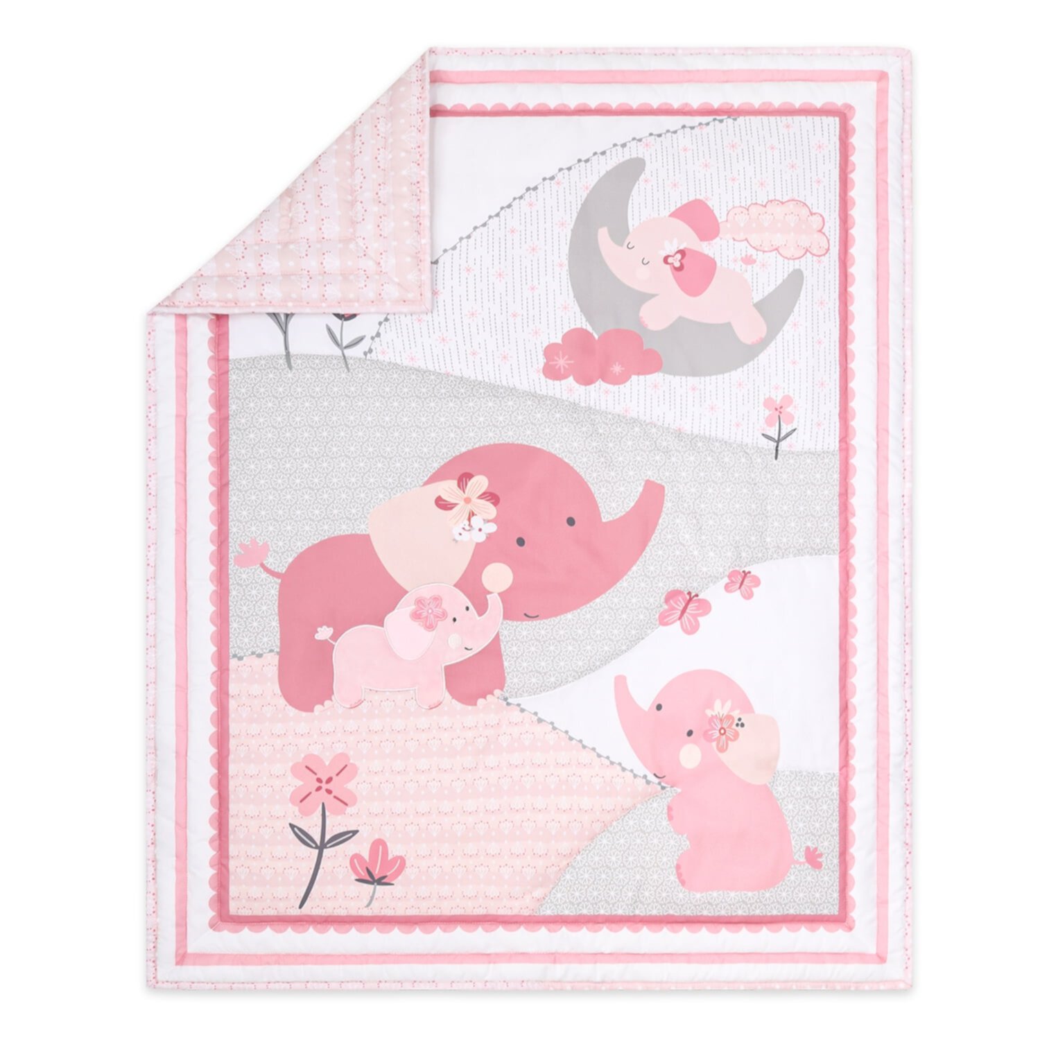 The Peanutshell Pink Elephant 4 Piece Baby Nursery Crib Bedding Set, Quilt, Crib Sheets, Crib Skirt, and Mobile The Peanutshell